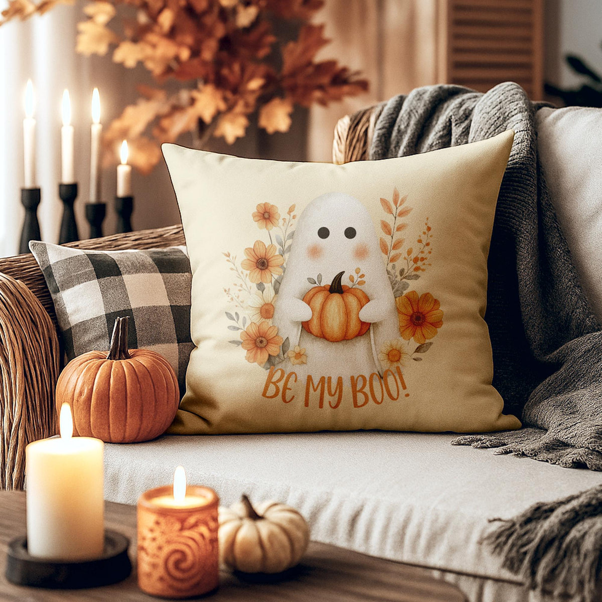 Halloween Pillowcase, Ghost Pumpkin Faux Suede Fall Pillow Cover, Double-Sided Print
