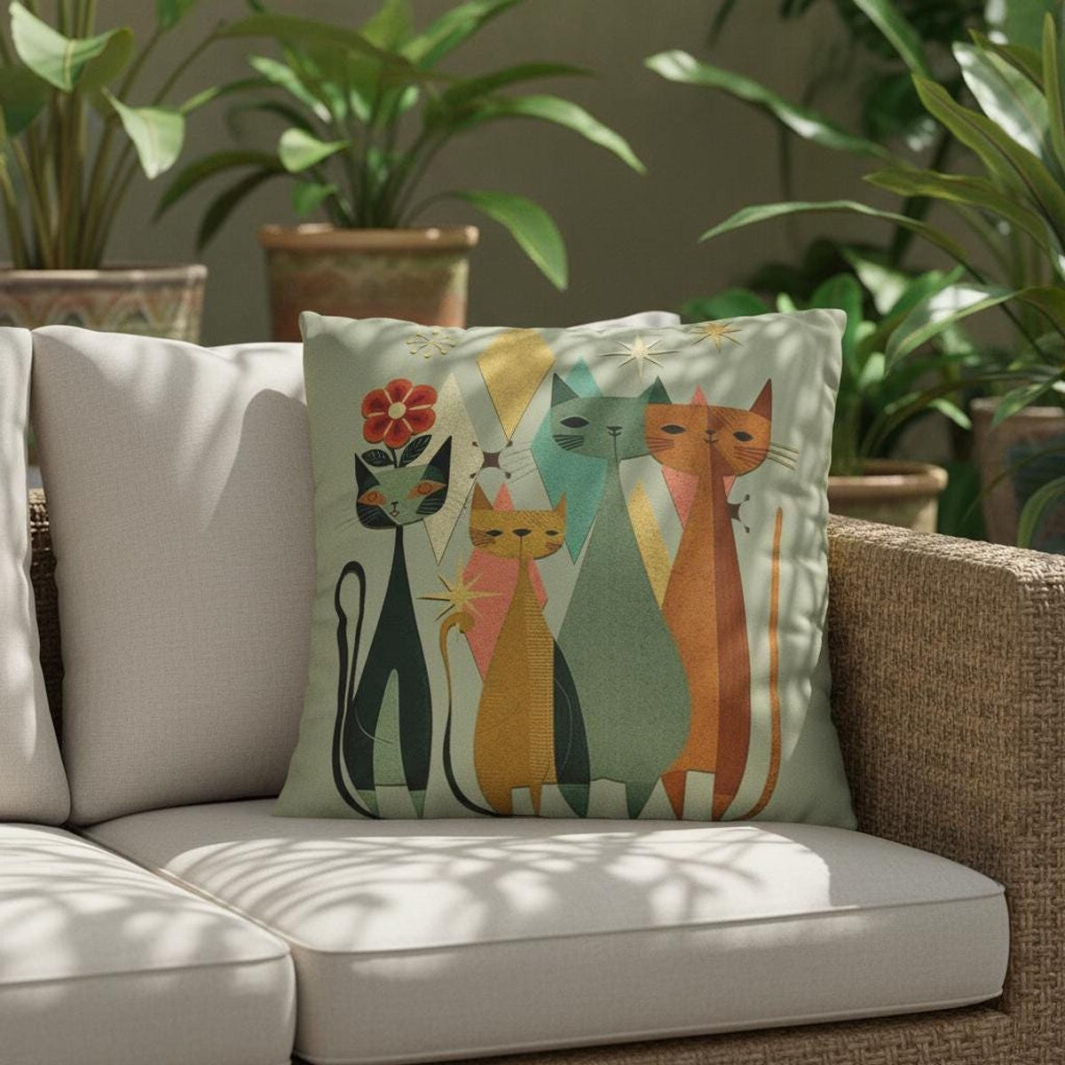 Feline Throw Pillow Cover, Vintage-Inspired Mid-Century Modern Cat Cushion