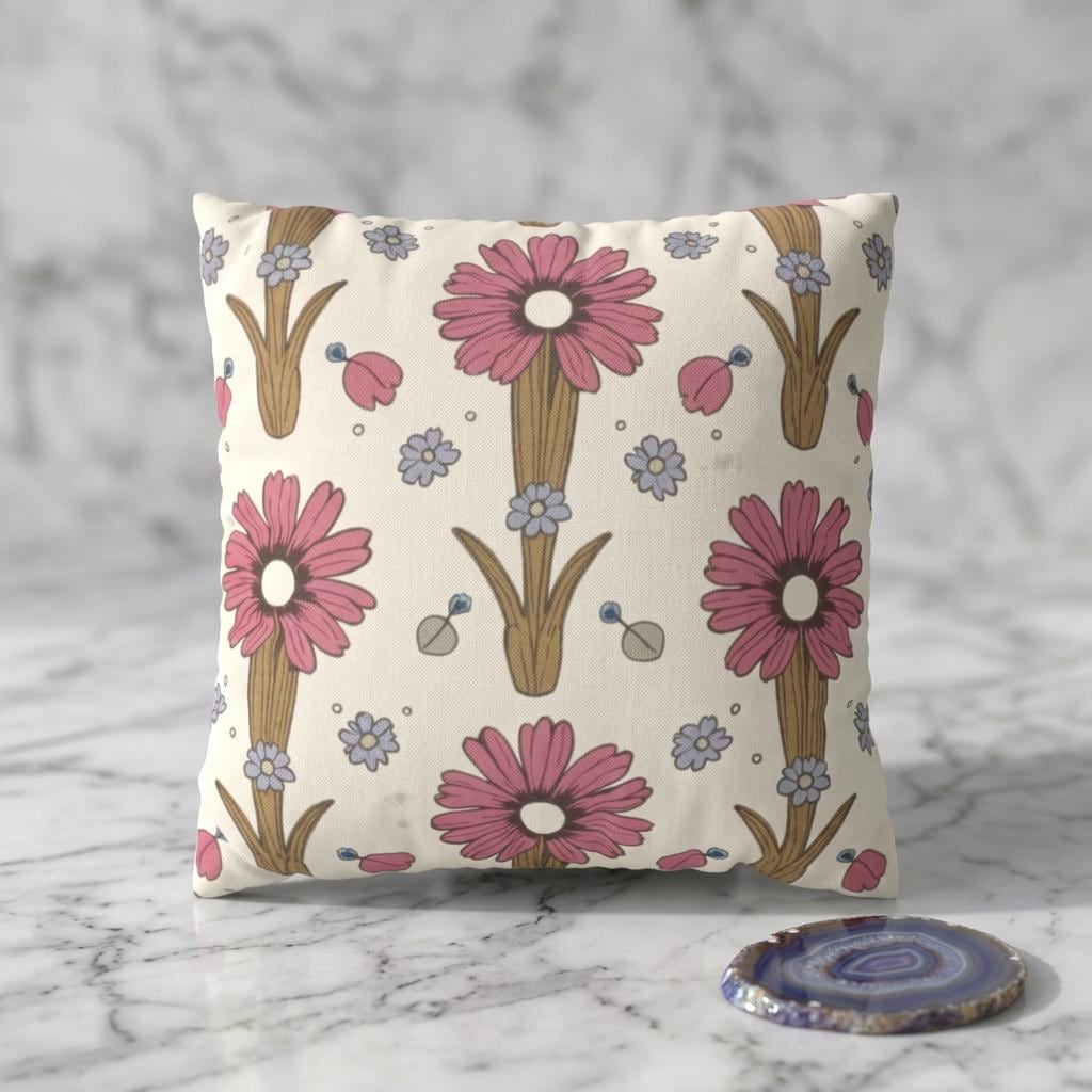 Pink Daisy Floral Faux Suede Square Pillowcase