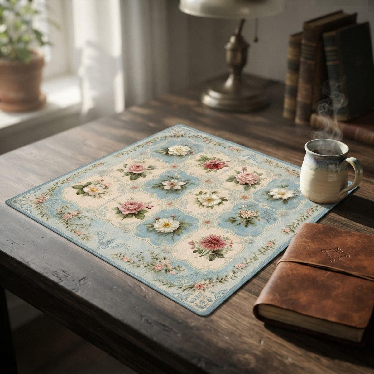 Floral Mahjong Mat, Smooth Polyester Surface with Non-Slip Rubber Backing