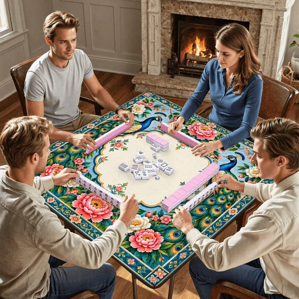Peacock American Mahjong Mat, Non-Slip Rubber Backing, Polyester Surface