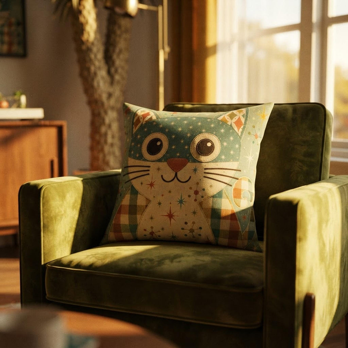 Retro Cat Pillow, 100% Faux Suede Square with Recycled Polyester Insert