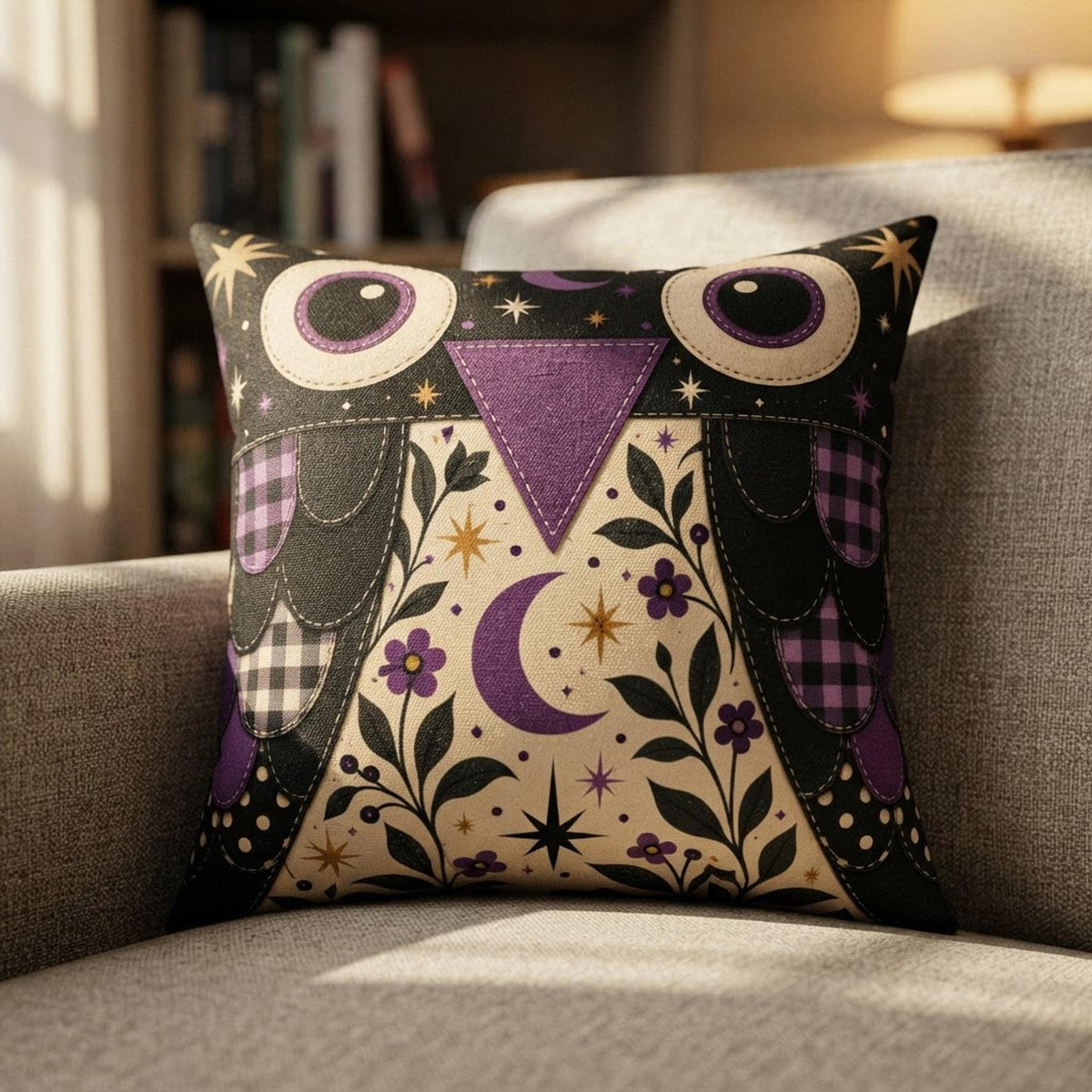 Purple Owl Pillow, Square Faux Suede Cover with Double-Sided Print