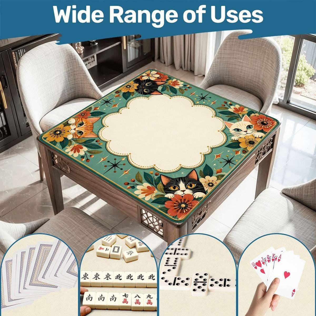 Retro Cat Mahjong Mat, American Game Mat with Non-Slip Rubber Backing