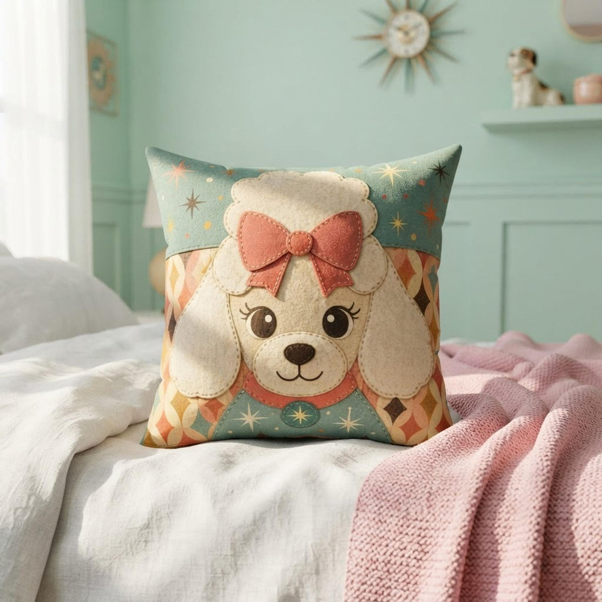 Dog Face Pillow, Faux Suede Double-Sided Square Poodle Design With Recycled Polyester Insert