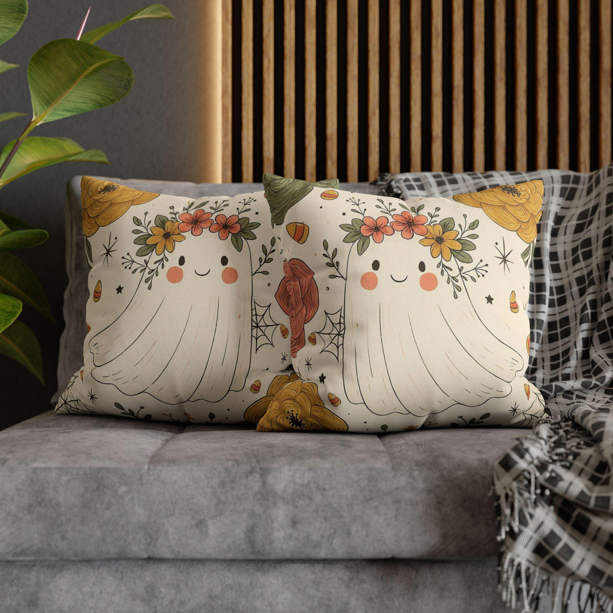 Ghost Halloween Pillowcase: Faux Suede Square Throw Pillow for Cozy Fall Home Decor