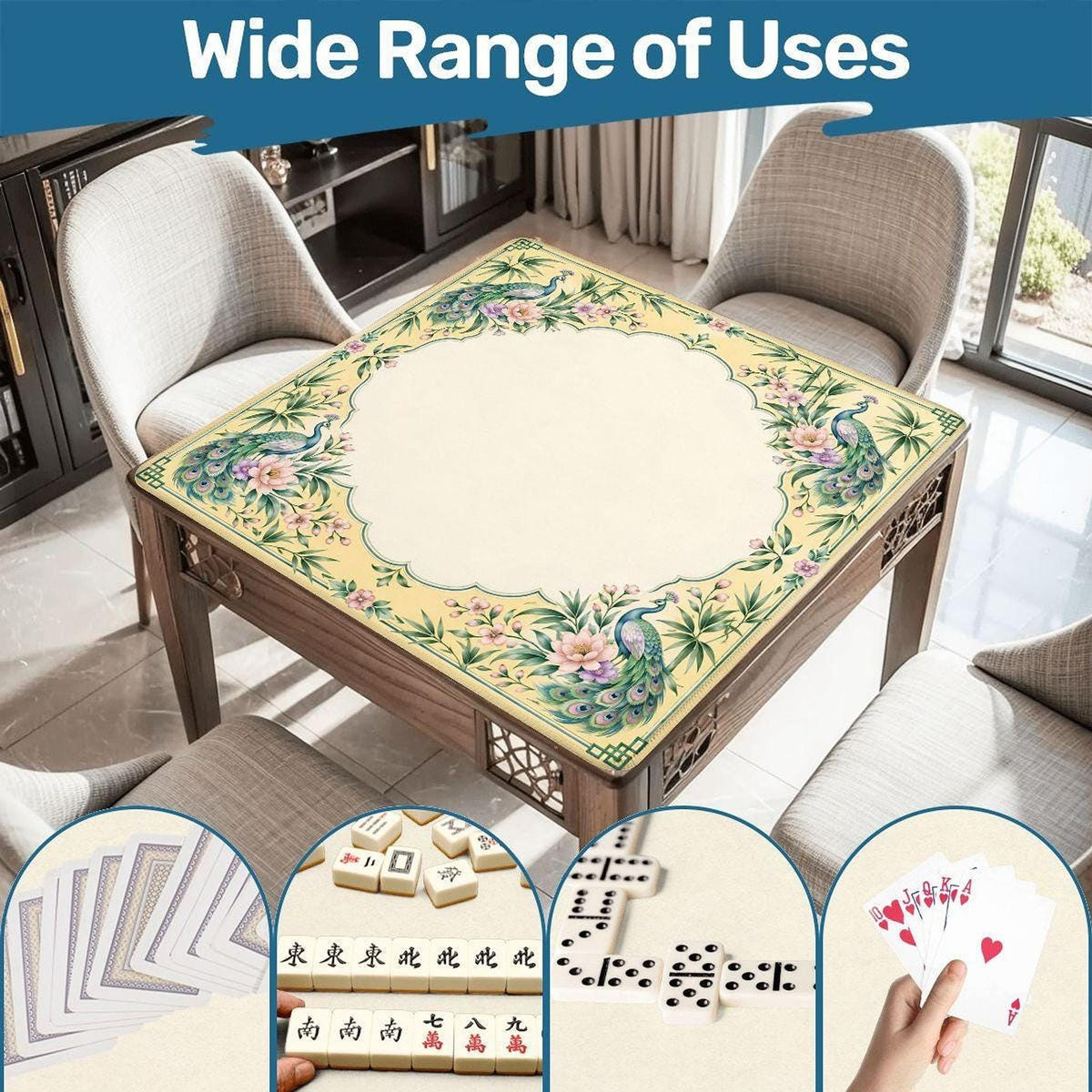 Yellow Peacock Mahjong Mat 33"x33" (Ship Rolled up)