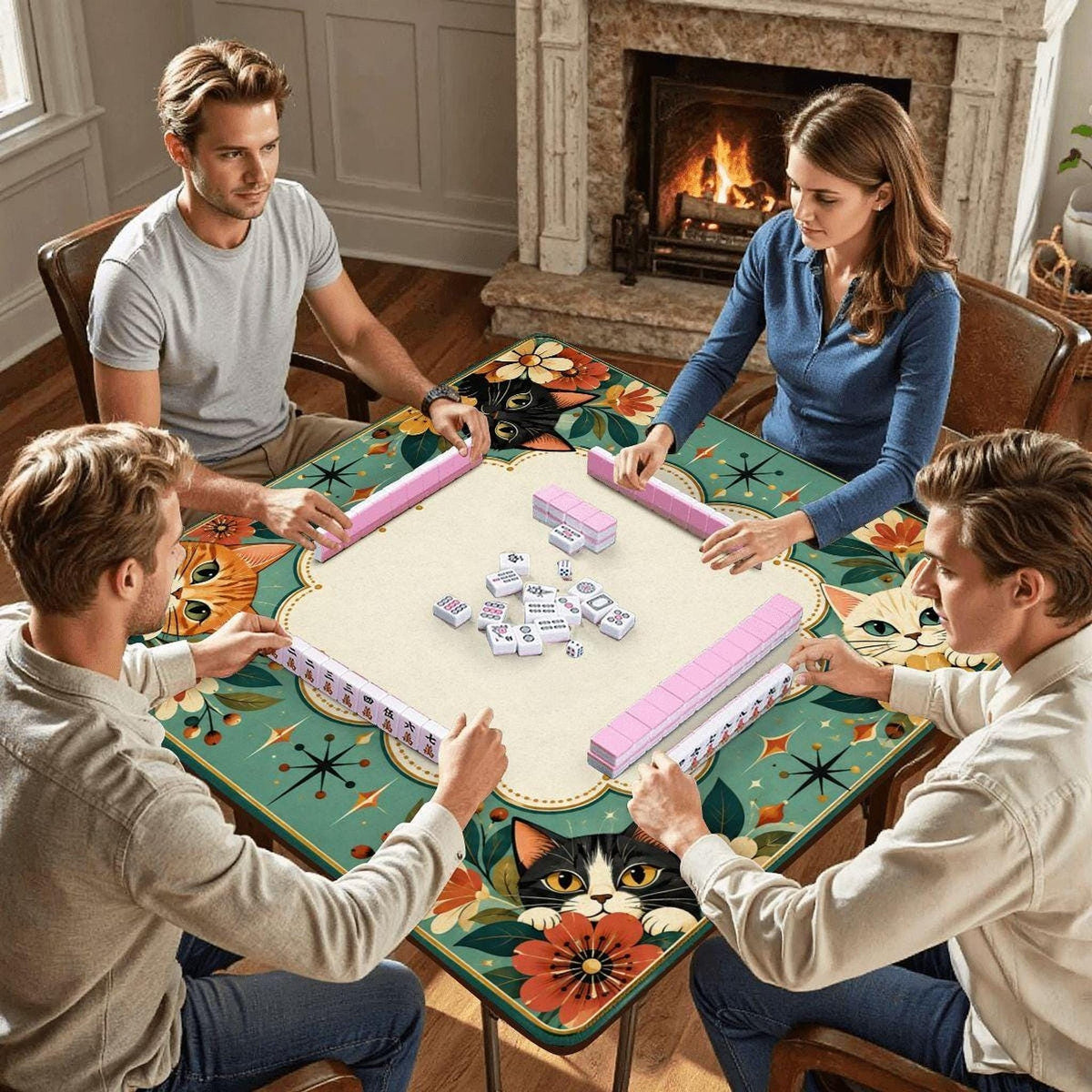 Retro Cat Mahjong Mat, American Game Mat with Non-Slip Rubber Backing