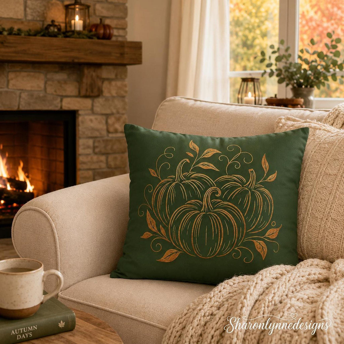 Decorative Farmhouse Pillow Cover, 100% Faux Suede Autumn Pumpkin Floral Print, Double-Sided Concealed Zipper