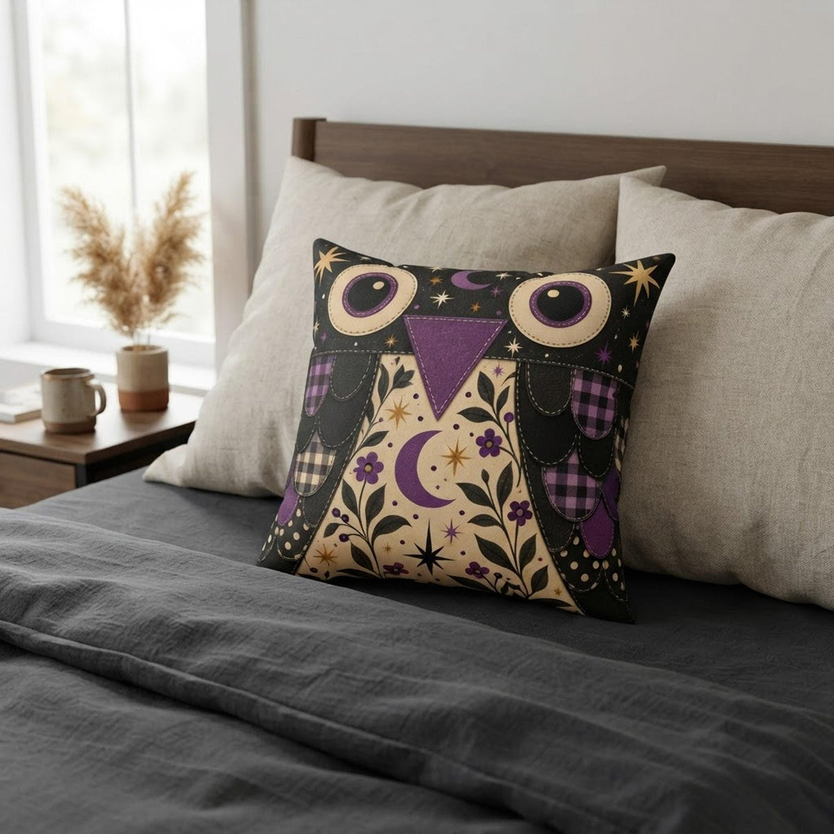 Purple Owl Pillow, Square Faux Suede Cover with Double-Sided Print