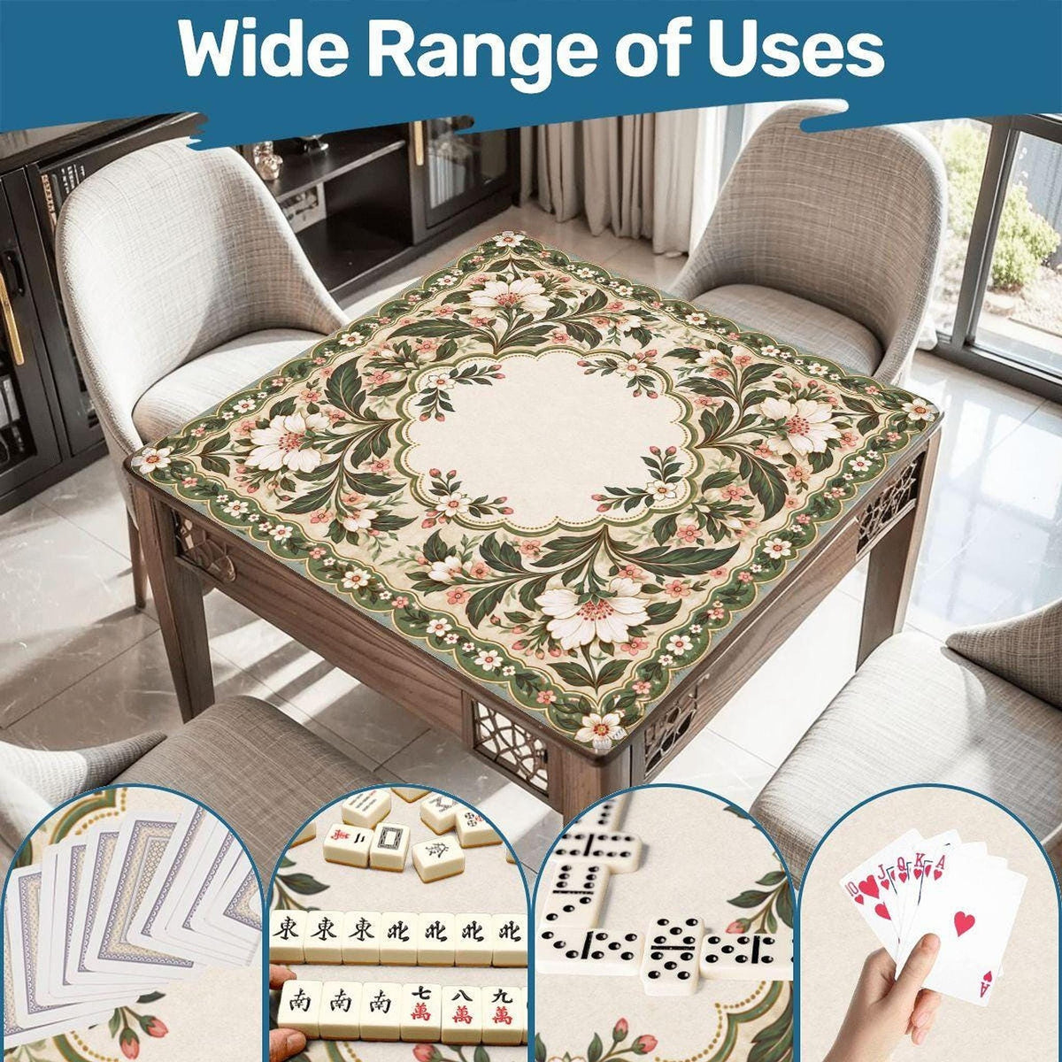 Floral American Mahjong Mat, Polyester Rubber Backing, Roll-Up Game Surface