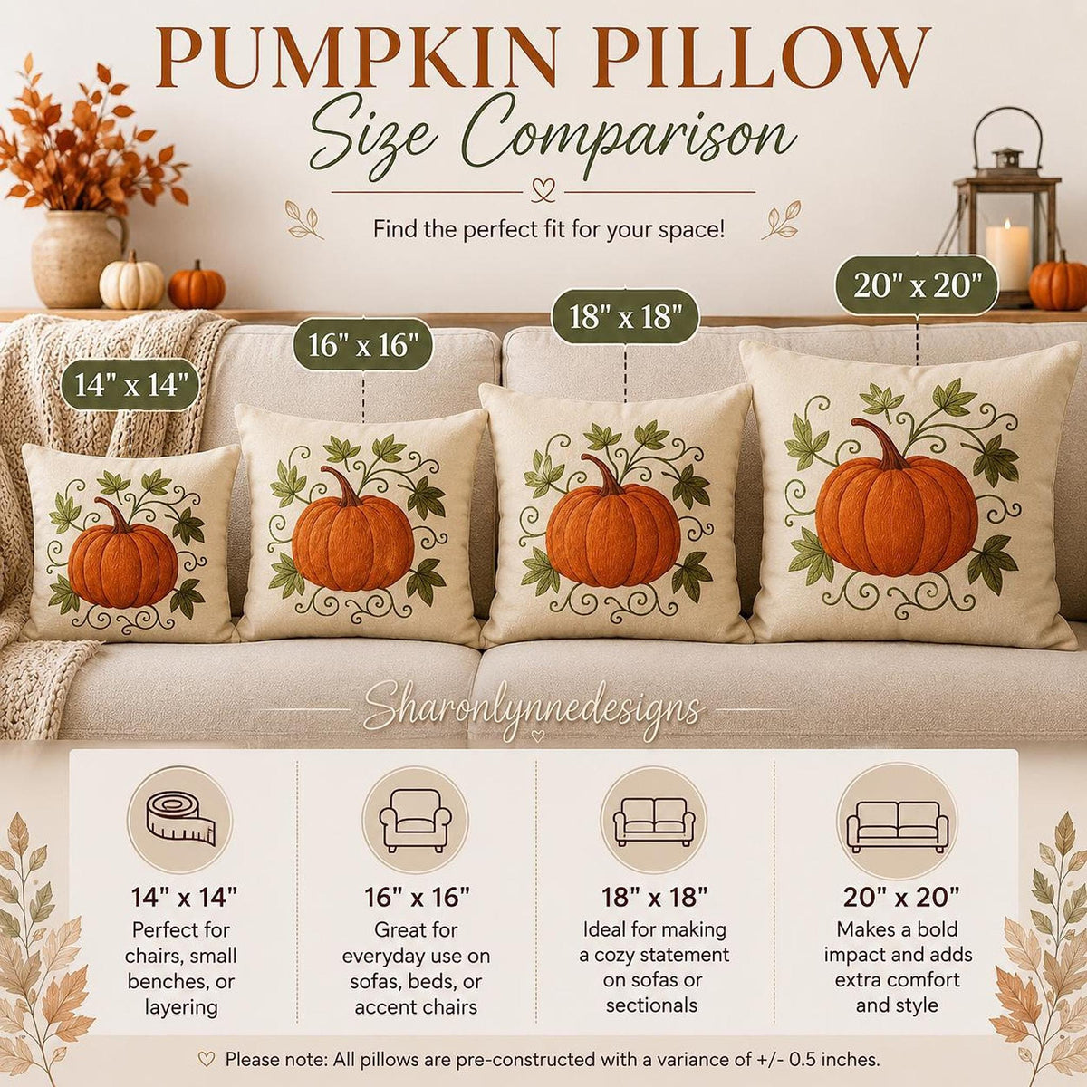 Decorative Farmhouse Pillowcase, 100% Faux Suede Double-Sided Pumpkin Print, Four Sizes