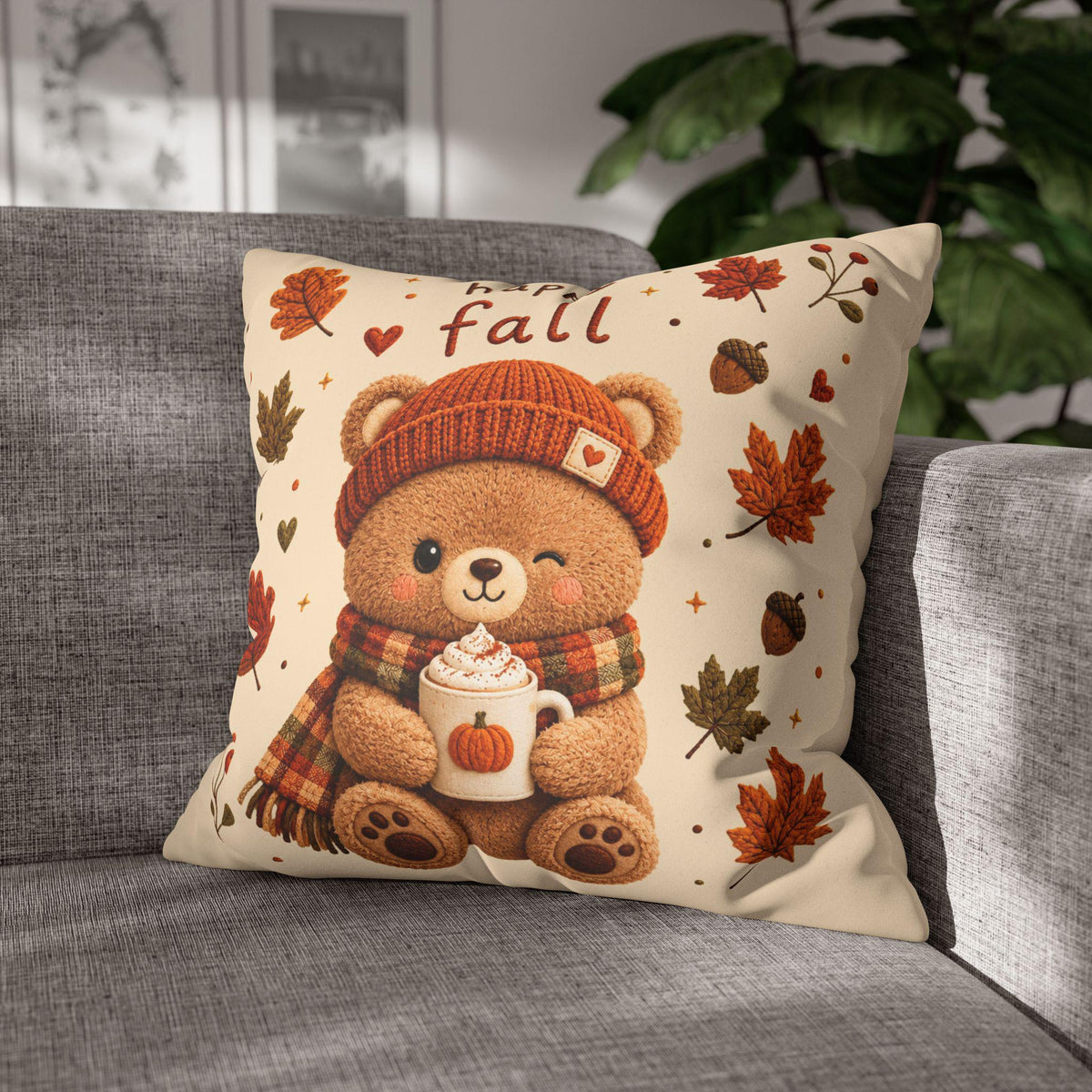 Cozy Sofa Pillow, Faux Suede Pillowcase with Double-Sided Fall Bear Print