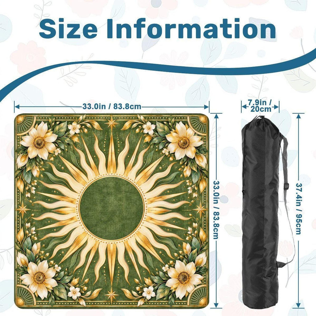 Mahjong Game Mat, 33" Square Green and Gold Sun Design Polyester