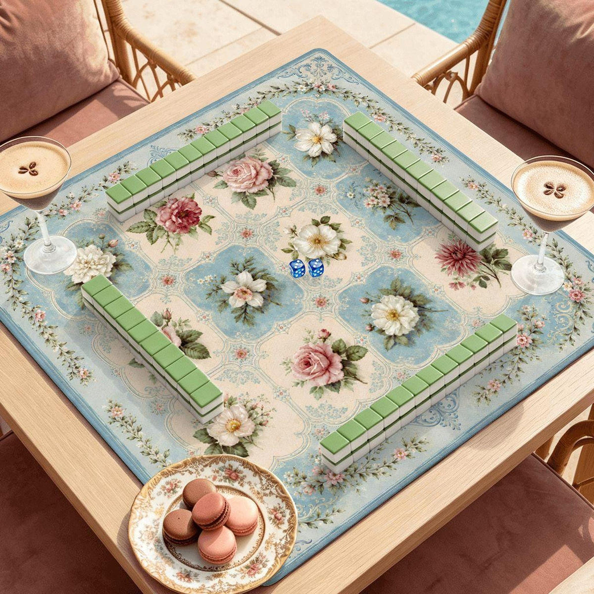 Floral Mahjong Mat, Smooth Polyester Surface with Non-Slip Rubber Backing