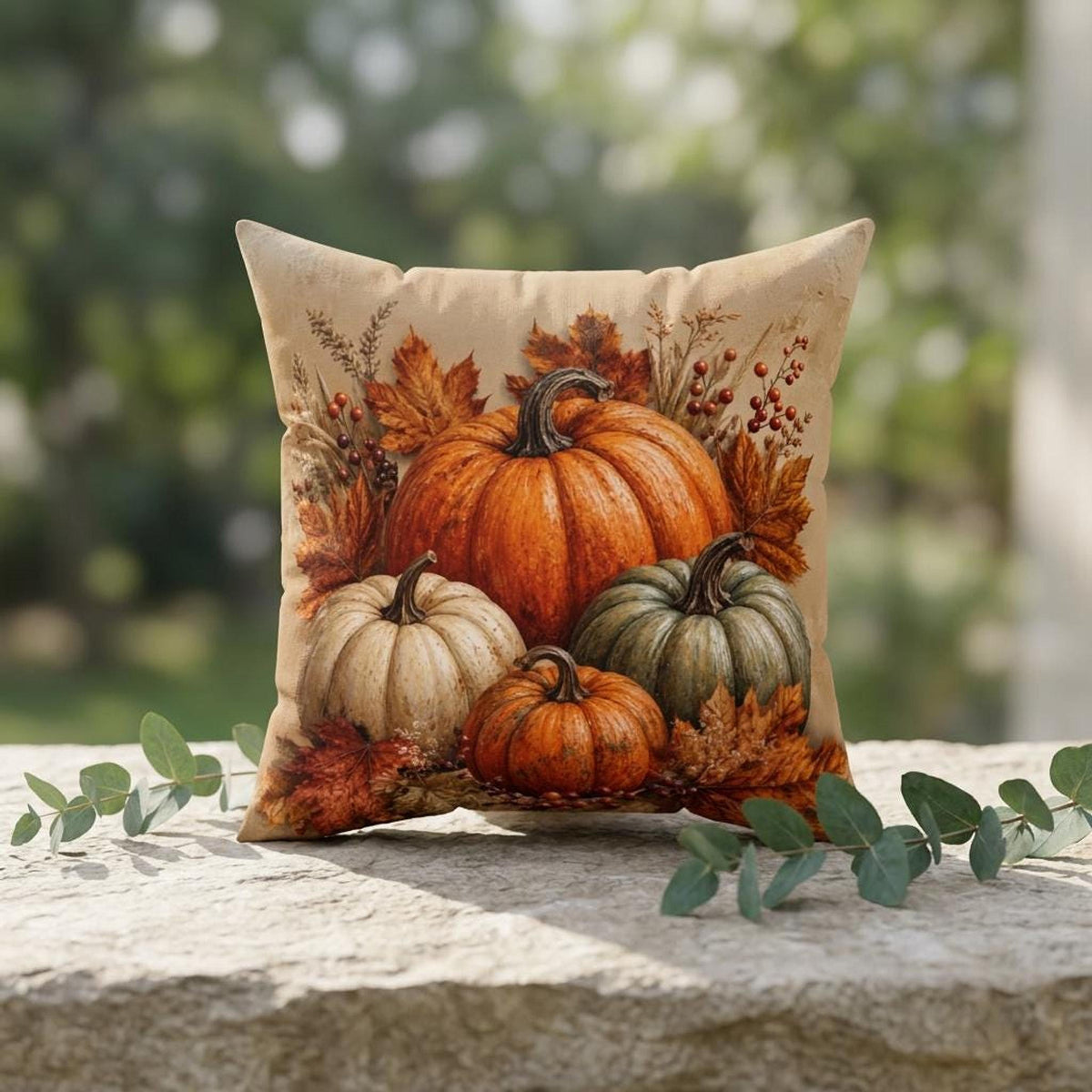 Autumn Pillow Cover, Beige Faux Suede Square with Double-Sided Pumpkin Print