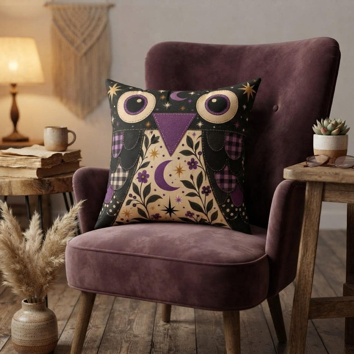 Purple Owl Pillow, Square Faux Suede Cover with Double-Sided Print