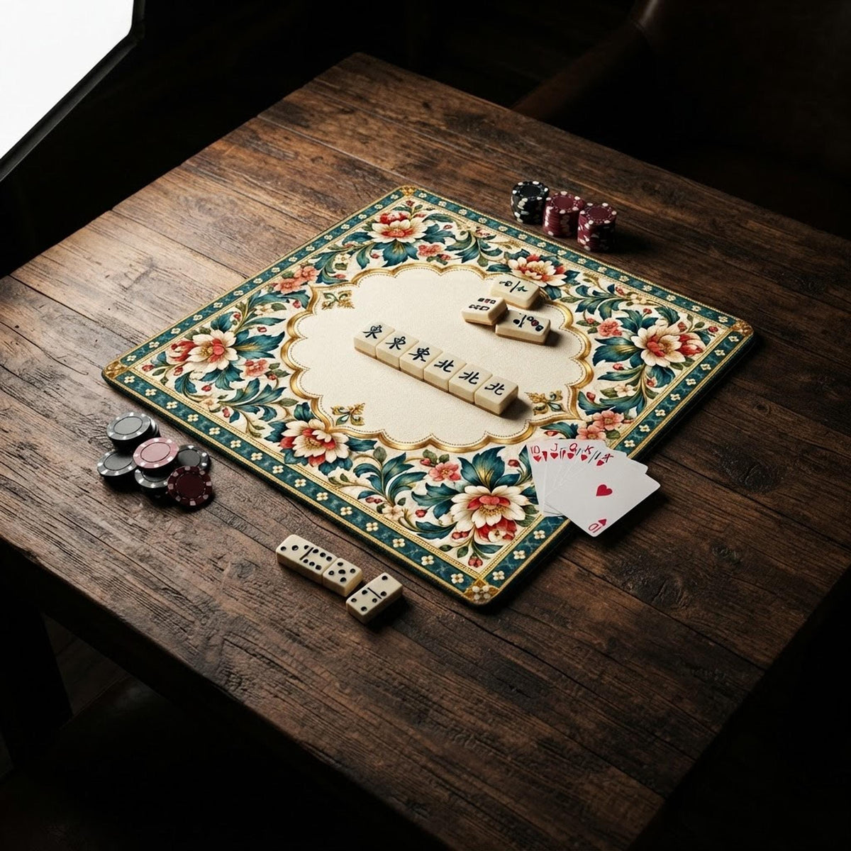 Gilded Garden American Mahjong Mat, Floral Polyester Surface With Rubber Backing