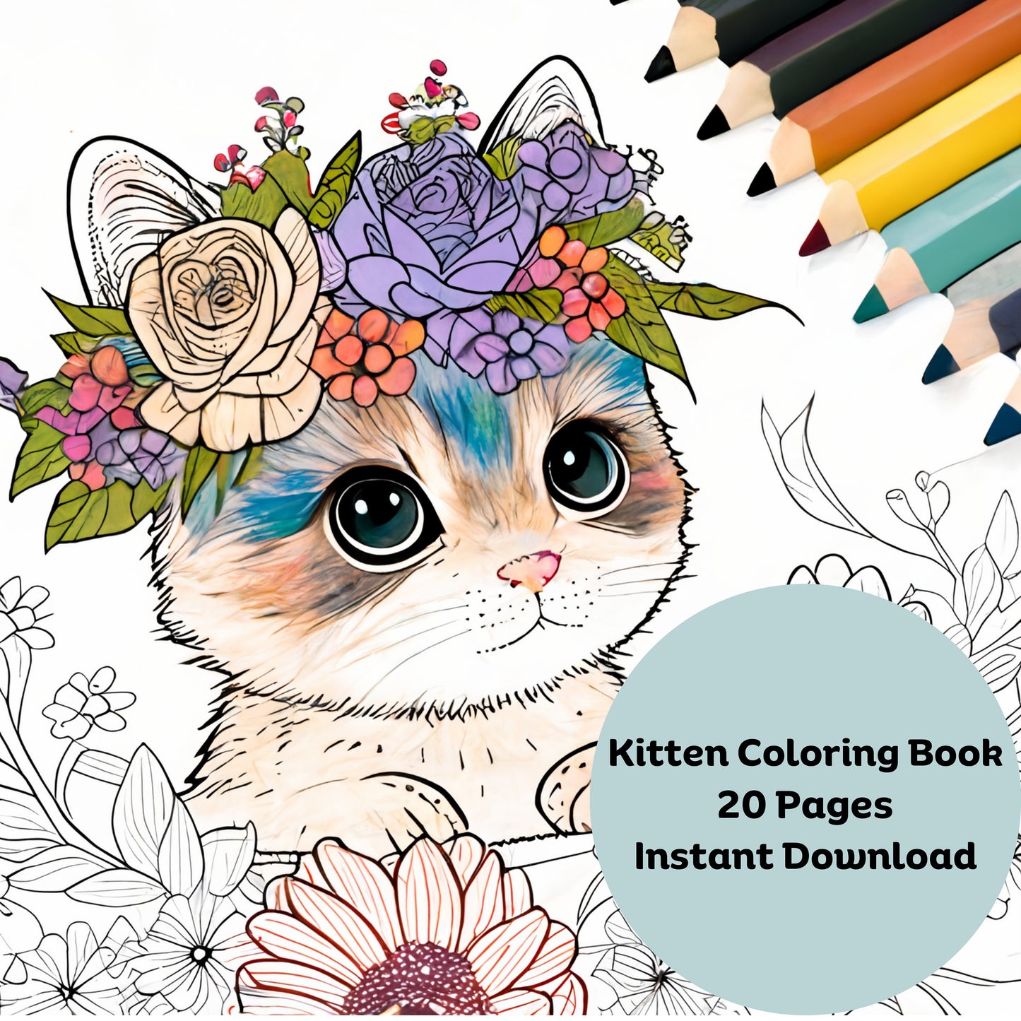 Kitten Coloring Pages, AI Generated Art, 20 Page (PDF Download)