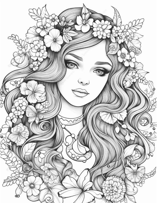 Floral Women Coloring Pages: 25 Printable Flower Designs (PDF)