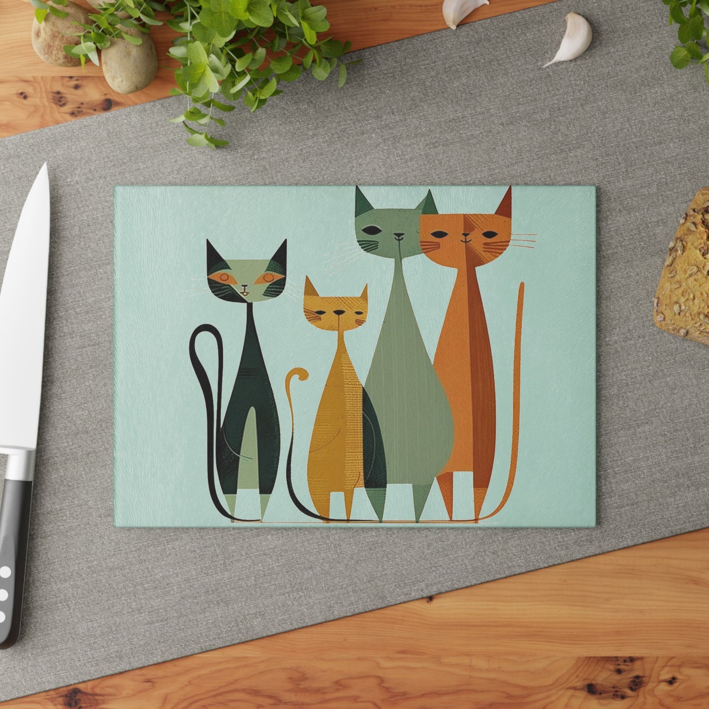 Glass Chopping Board with Vintage Cat Design for Unique Kitchen Decor
