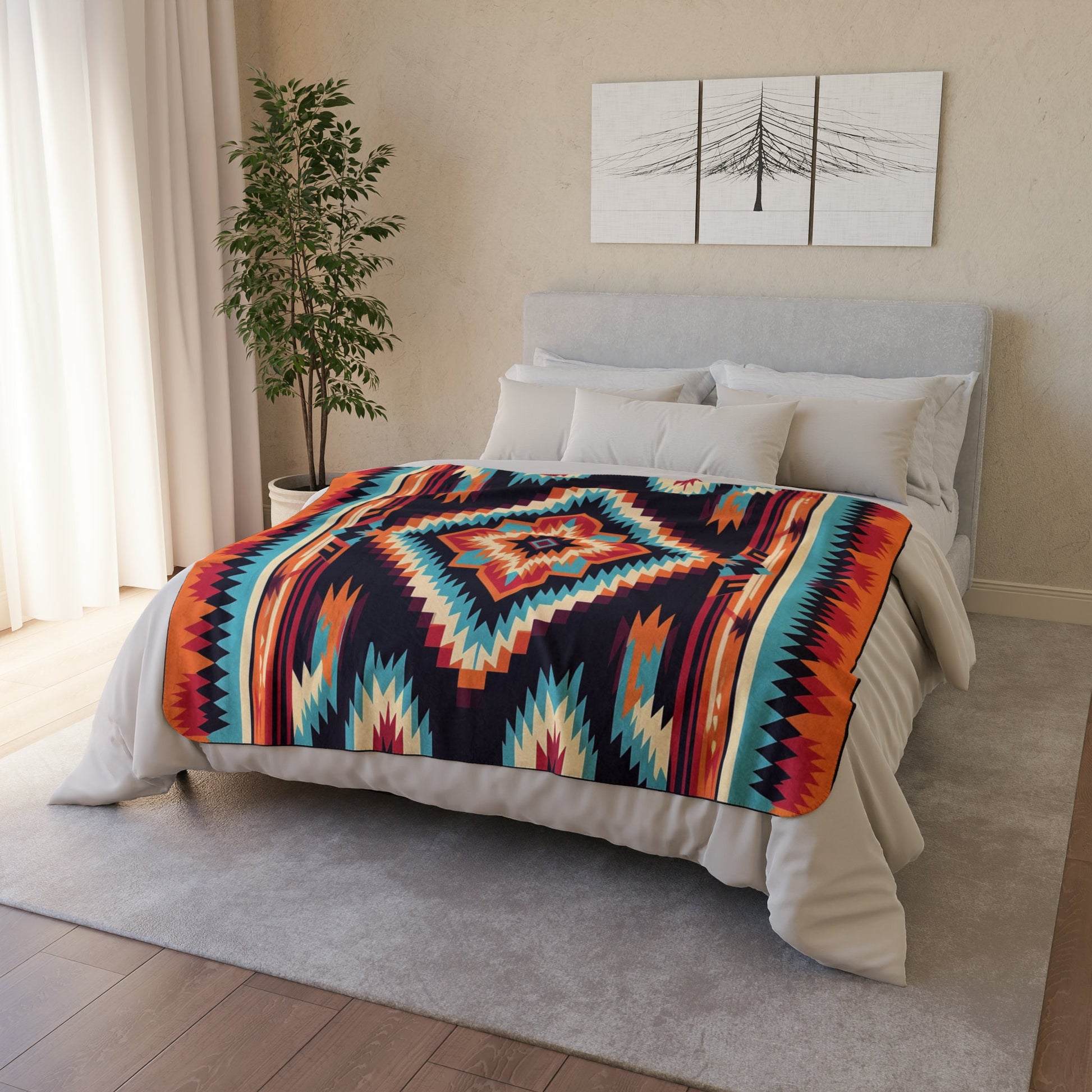 Cozy Native American Sherpa Throw, Fleece Southwest Bed Blanket, Western Decor Gift