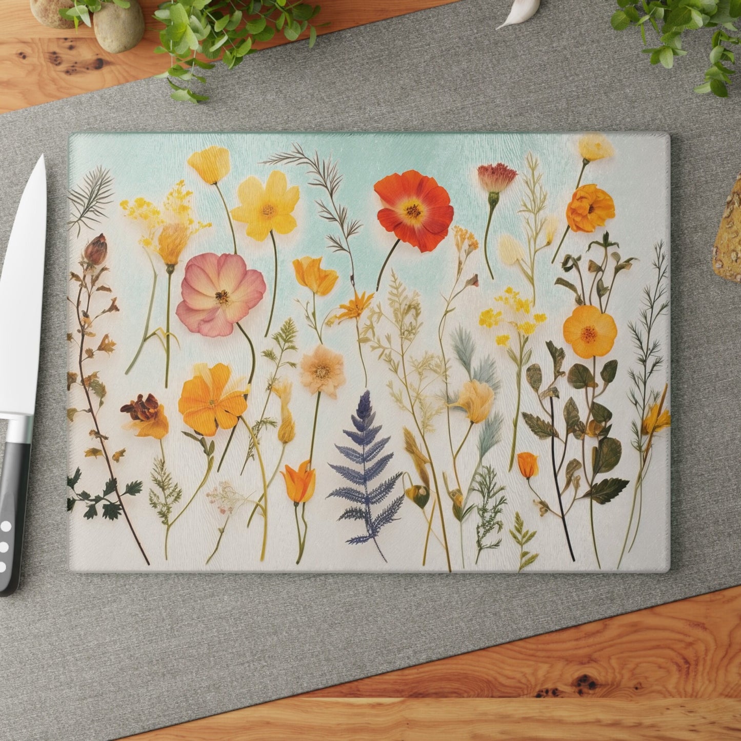Decorative Chopping Wildflower Tempered Glass Cutting Board, Two Sizes, Textured Surface