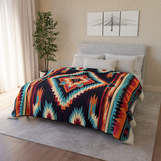 Cozy Native American Sherpa Throw, Fleece Southwest Bed Blanket, Western Decor Gift