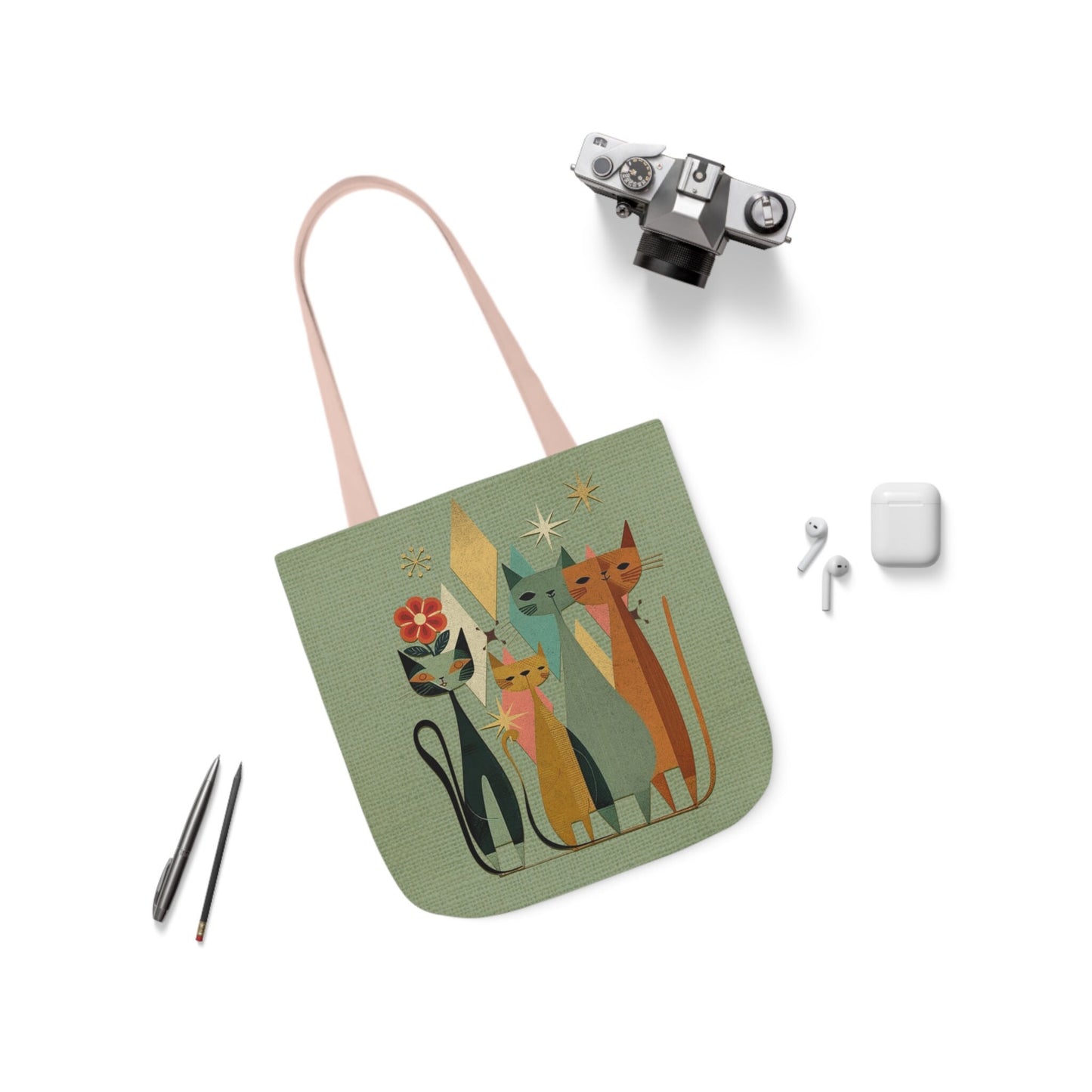 Retro Cat Canvas Tote Bag - MidCentury Design, Unique Host Gift Idea
