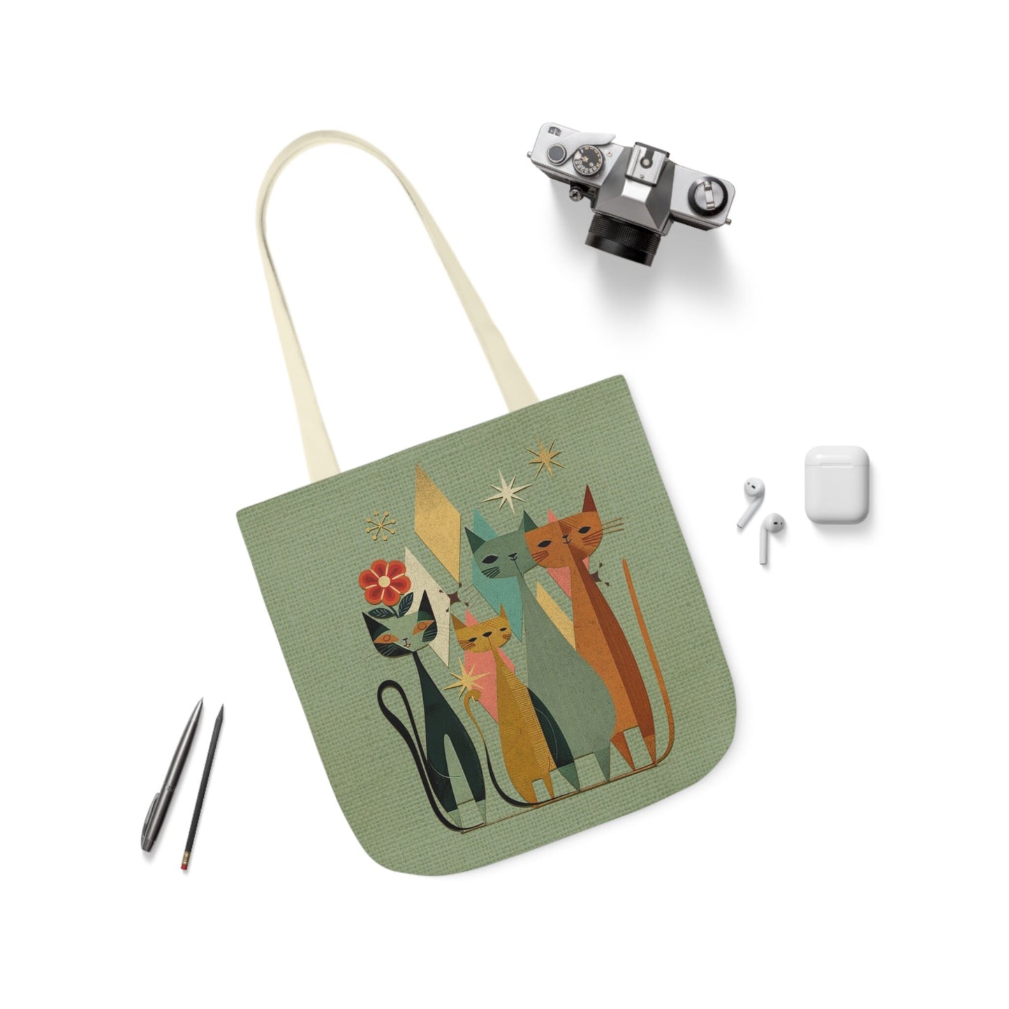 Retro Cat Canvas Tote Bag - MidCentury Design, Unique Host Gift Idea