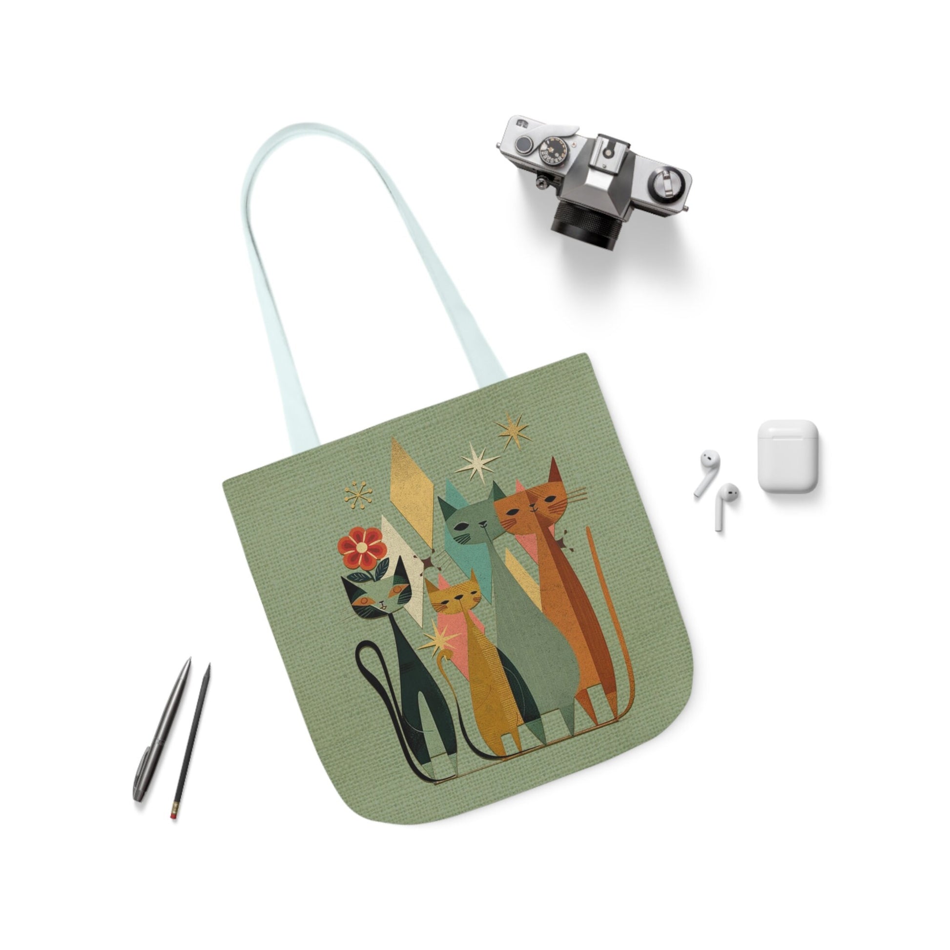 Retro Cat Canvas Tote Bag - MidCentury Design, Unique Host Gift Idea