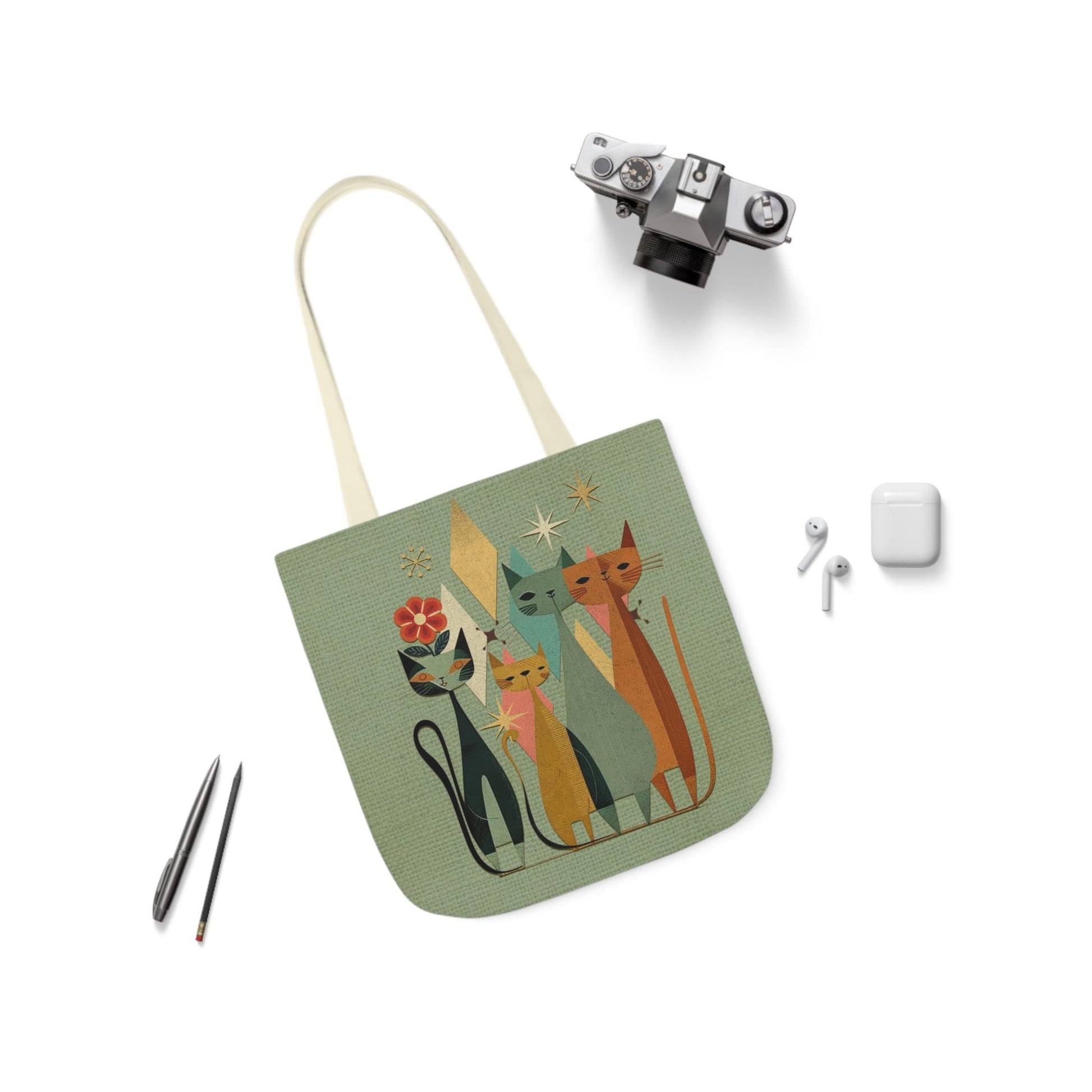 Retro Cat Canvas Tote Bag - MidCentury Design, Unique Host Gift Idea