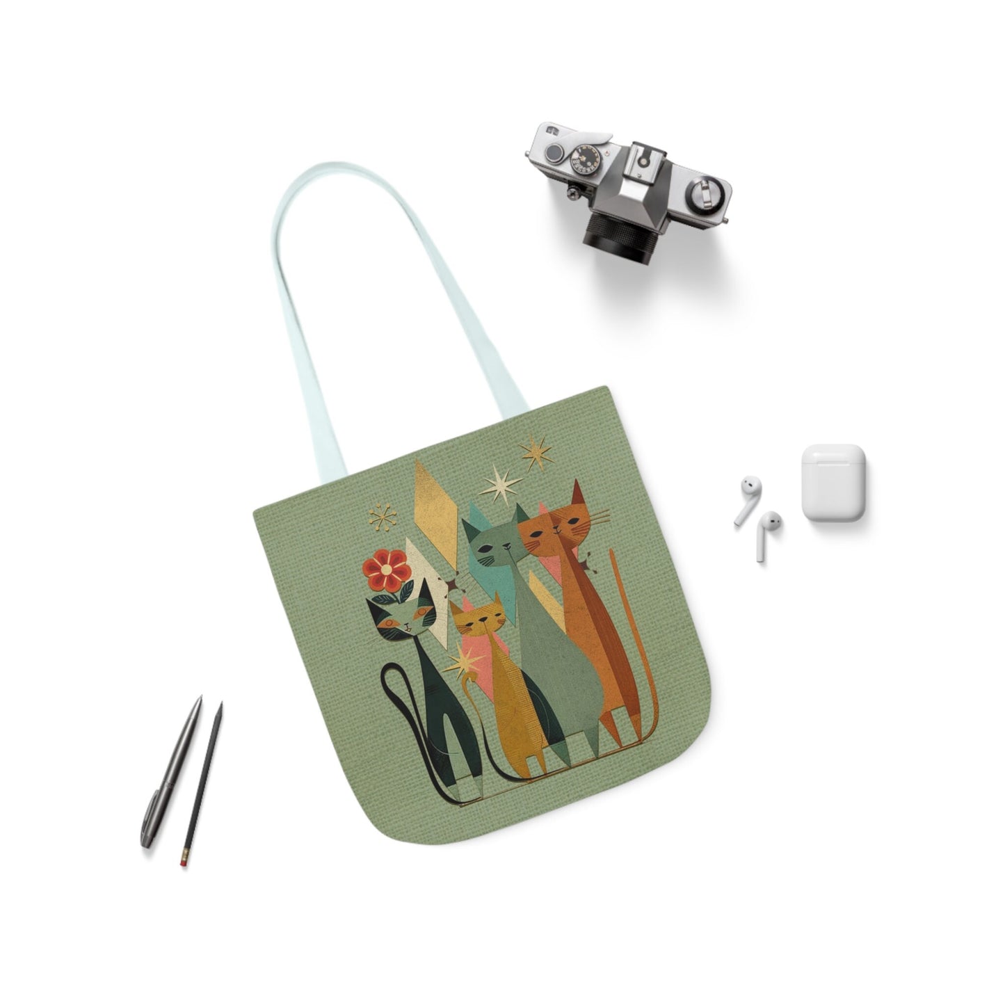 Retro Cat Canvas Tote Bag - MidCentury Design, Unique Host Gift Idea