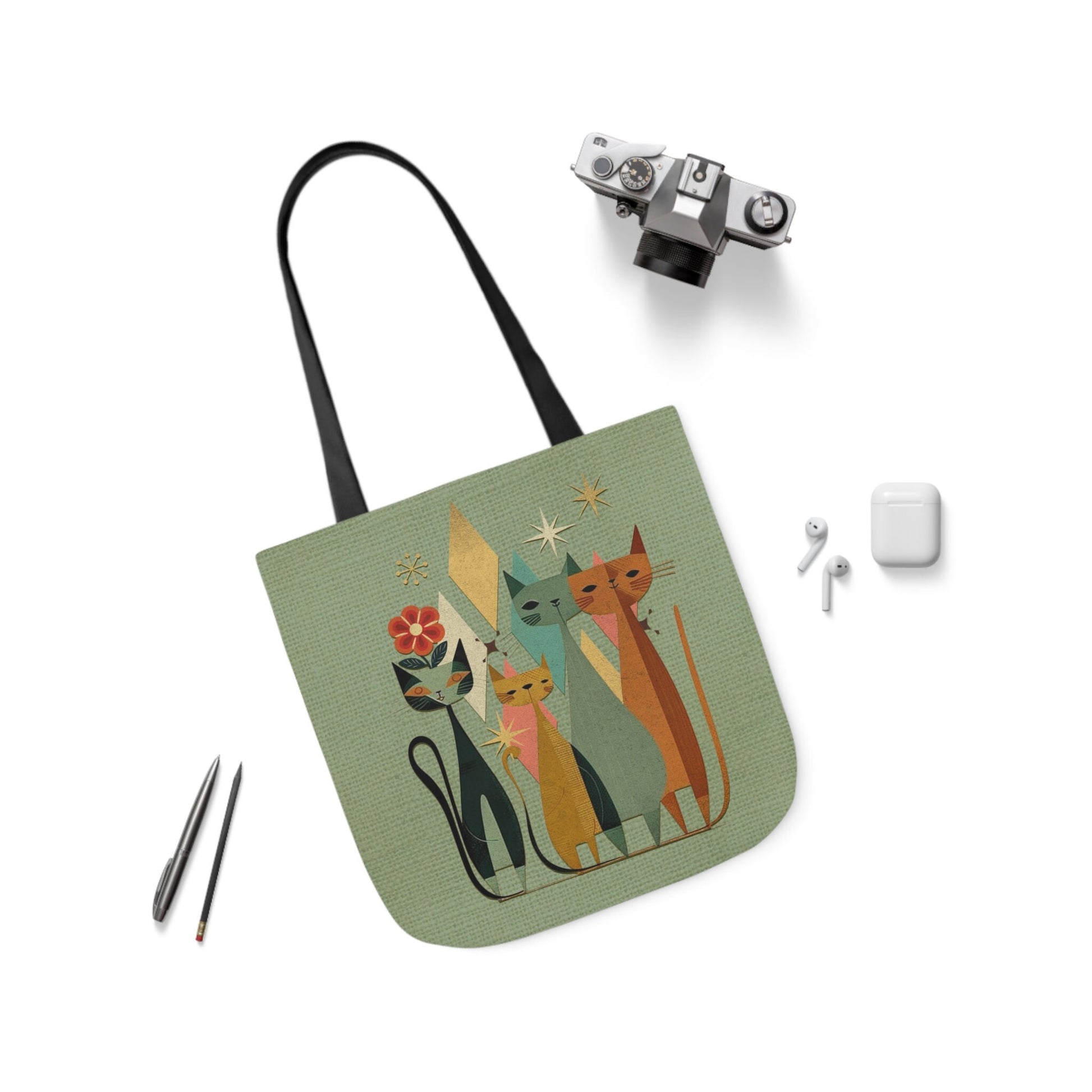 Retro Cat Canvas Tote Bag - MidCentury Design, Unique Host Gift Idea
