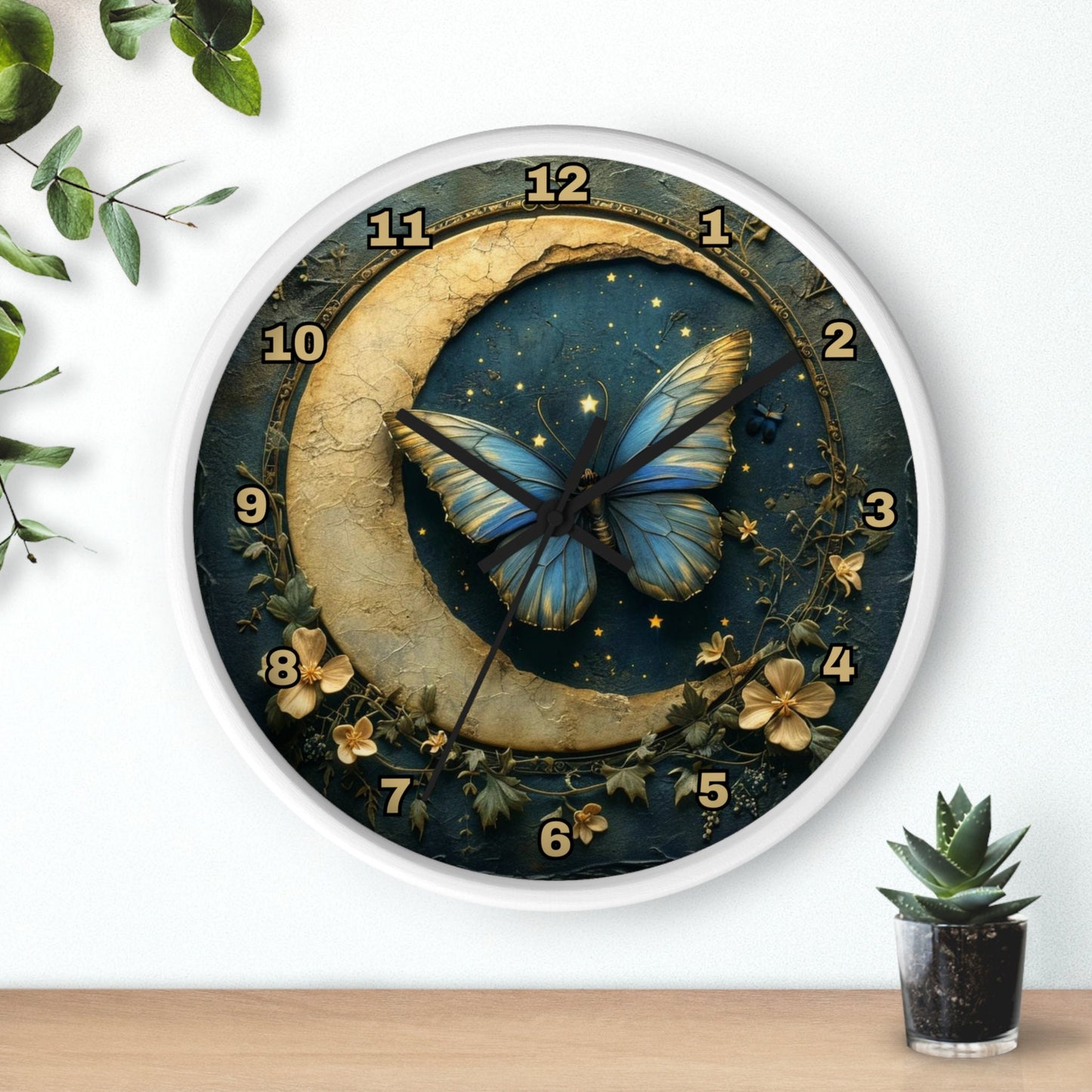 Celestial Butterfly Moon Wall Clock: Elegant Bedroom Decor Timepiece