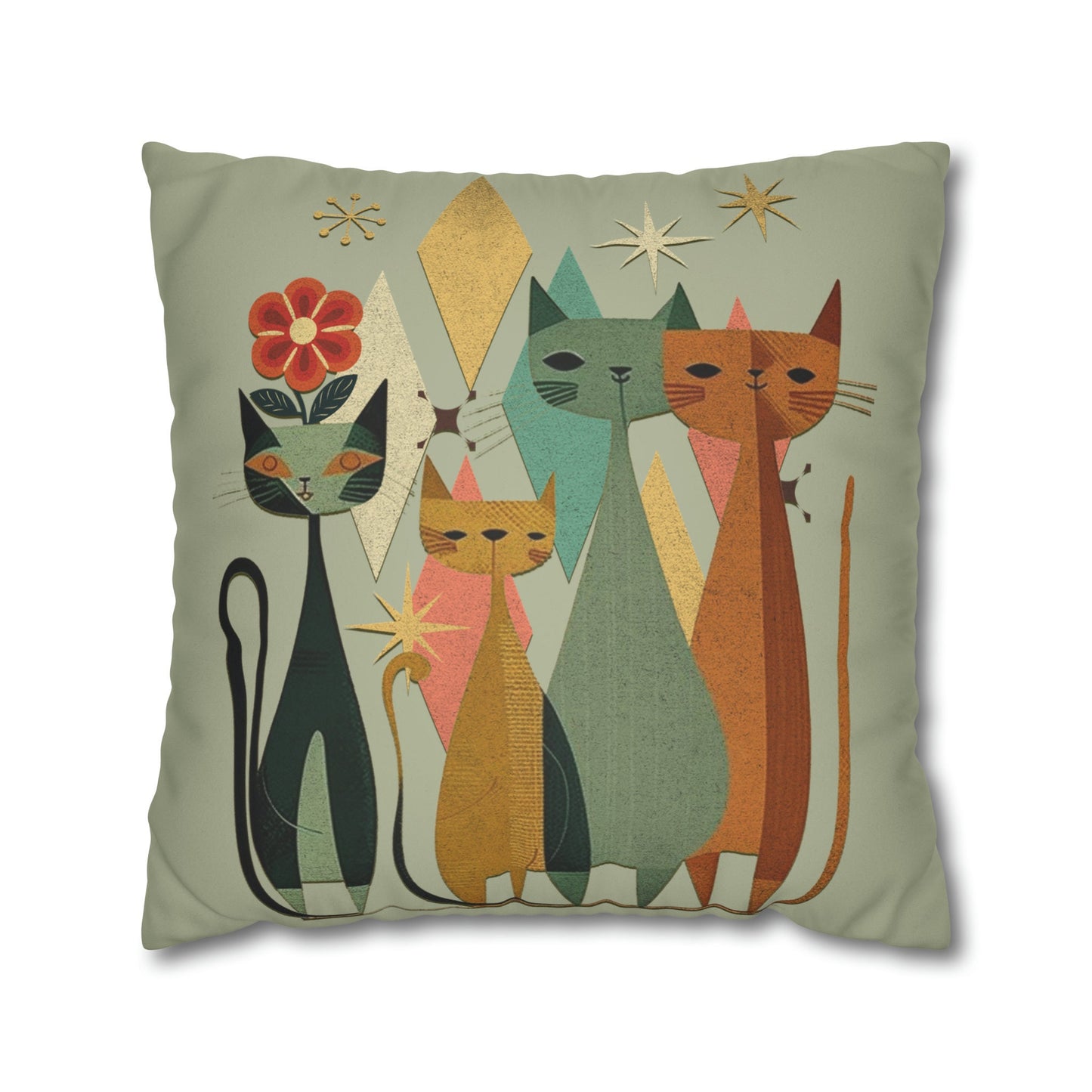 Feline Throw Pillow Cover, Vintage-Inspired Mid-Century Modern Cat Cushion