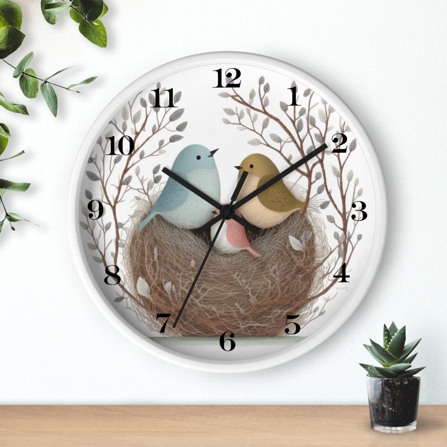 Bird Family Wall Clock: Silent Wooden Decor, Nature Inspired