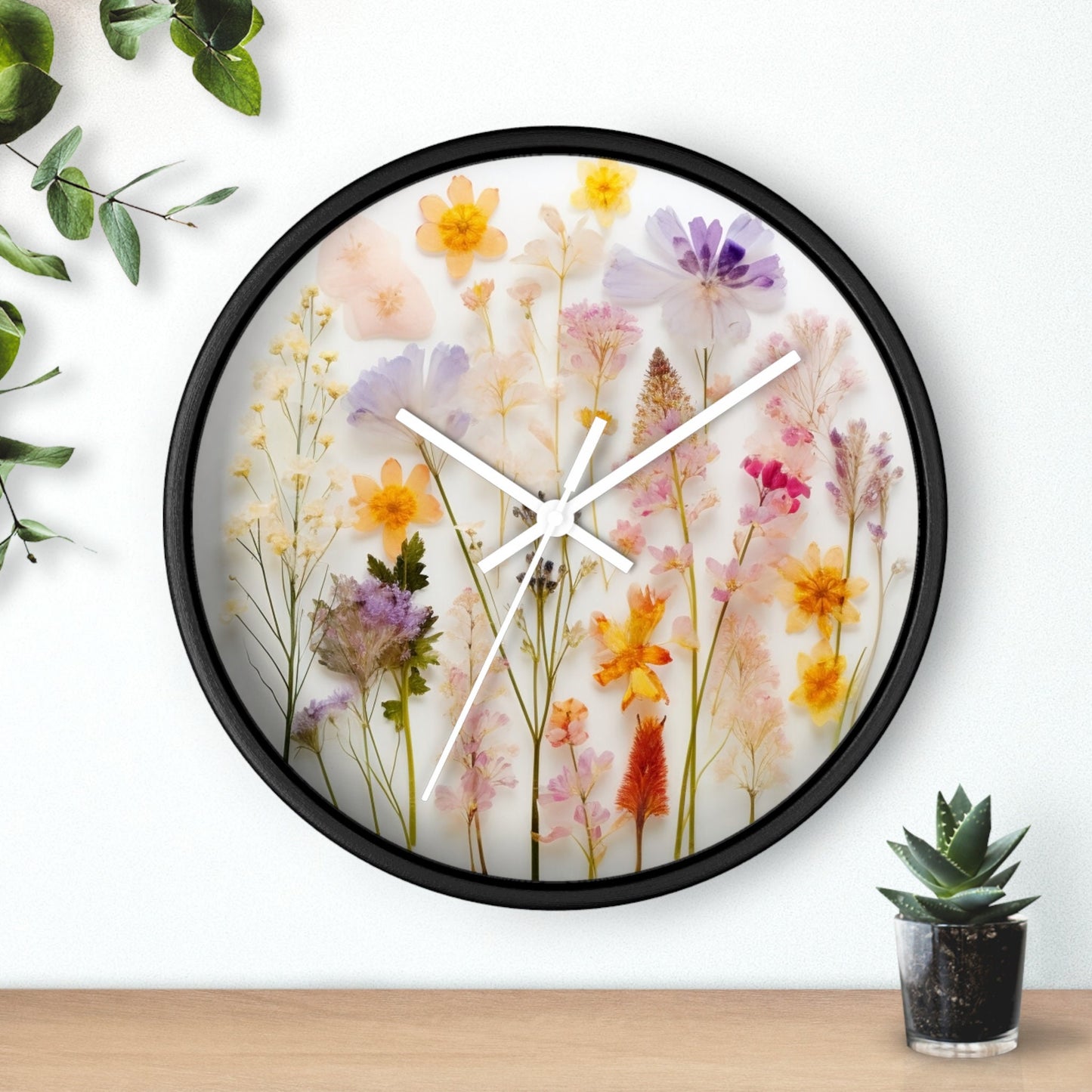 Flower Wall Clock with Floral Print, Elegant Home Decor Timepiece