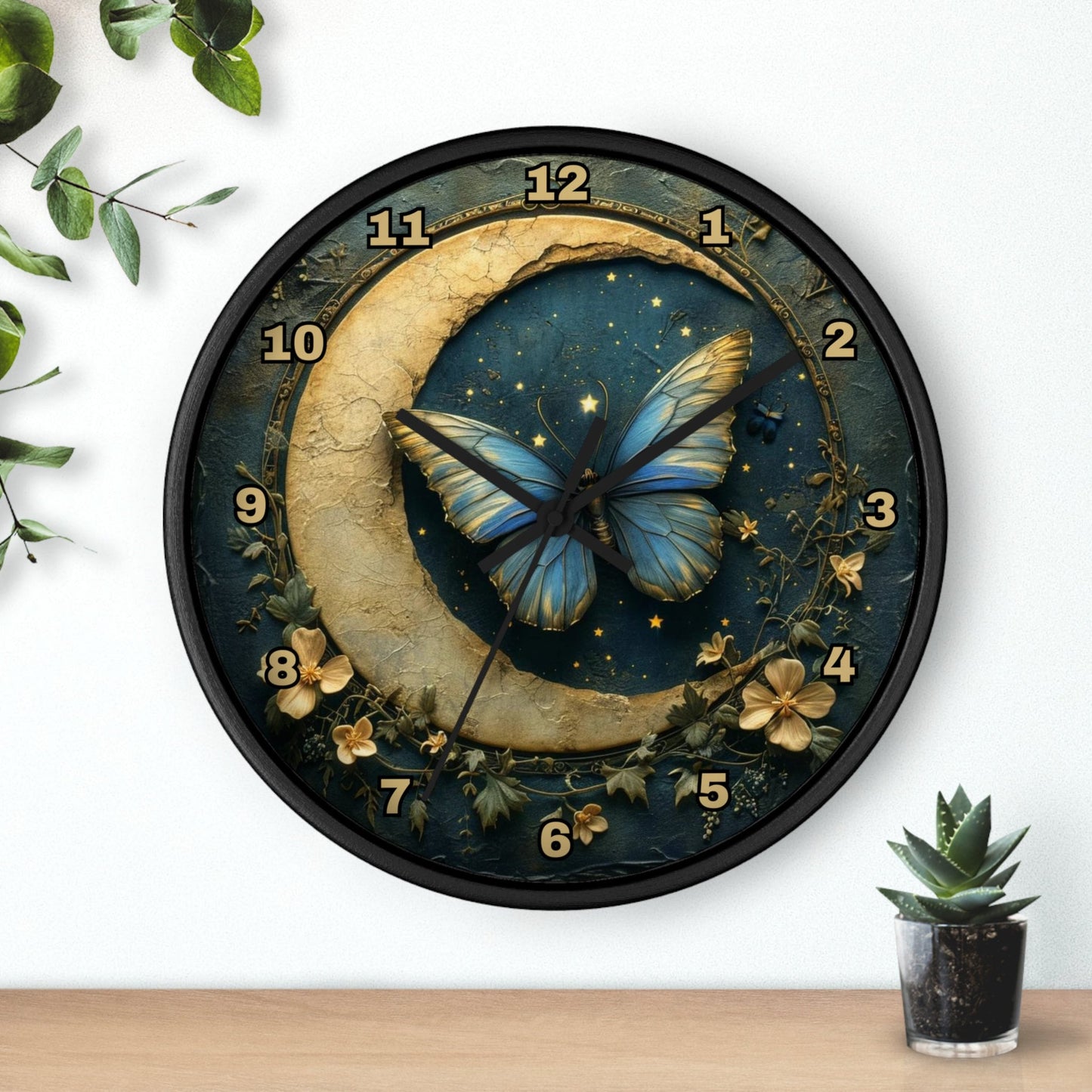 Celestial Butterfly Moon Wall Clock: Elegant Bedroom Decor Timepiece