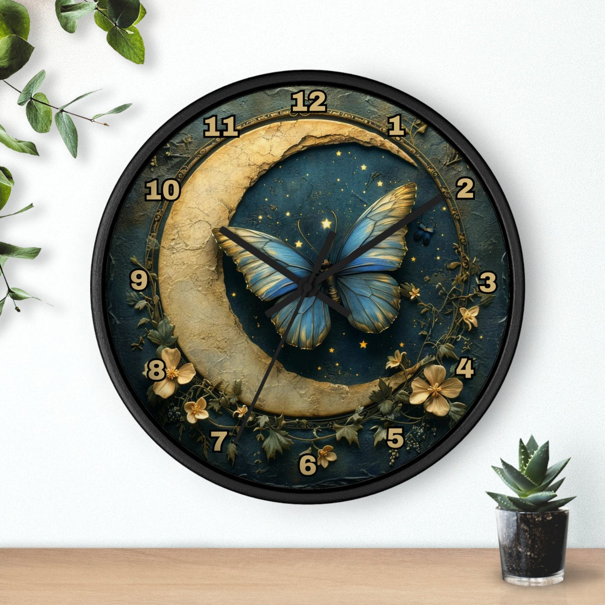 Celestial Butterfly Moon Wall Clock: Elegant Bedroom Decor Timepiece