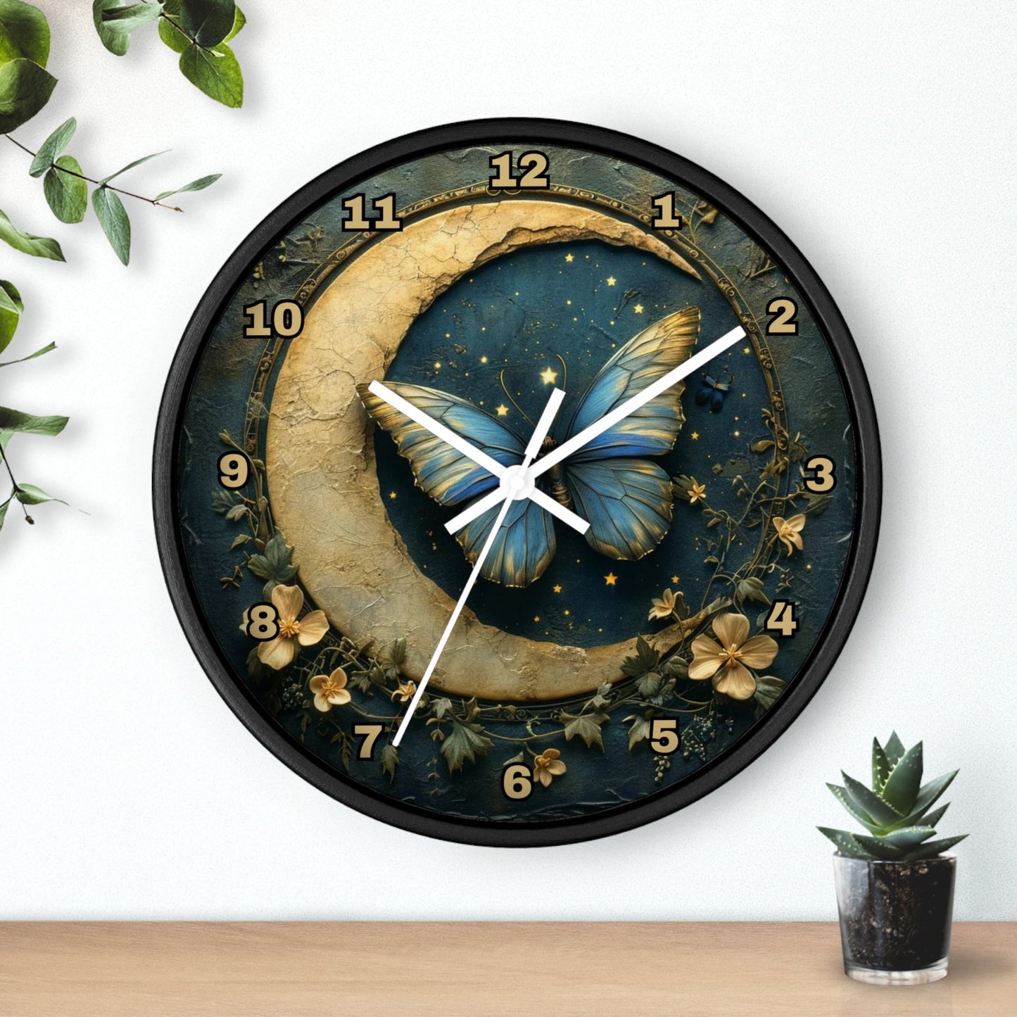 Celestial Butterfly Moon Wall Clock: Elegant Bedroom Decor Timepiece