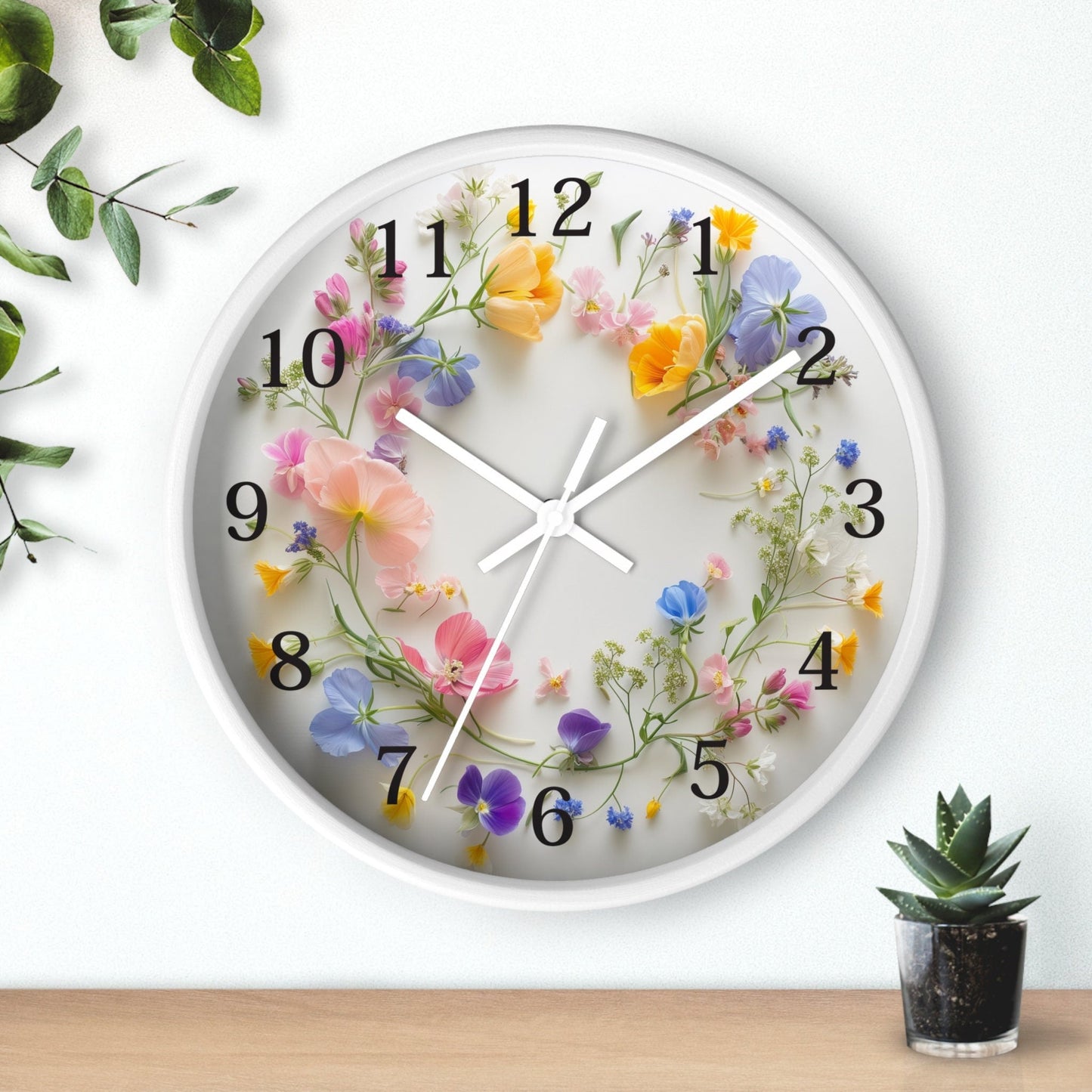 Floral Wall Clock: Rustic Wood Frame, Silent Movement, Flower Print Clock
