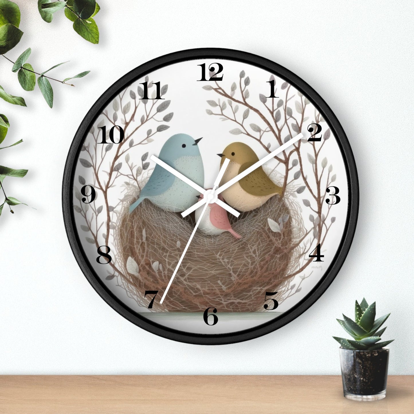 Bird Family Wall Clock: Silent Wooden Decor, Nature Inspired