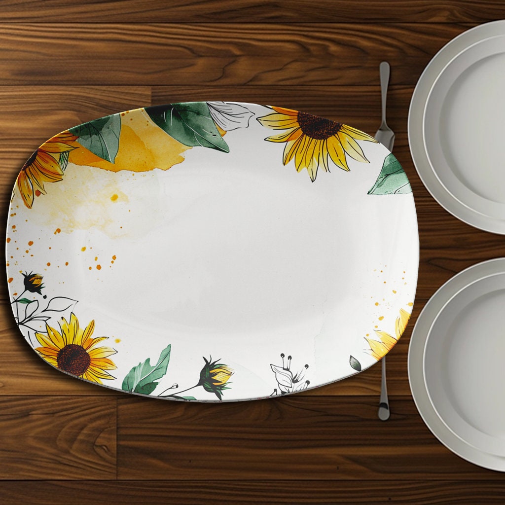 Sunflower Serving Platter 10x14 Inch Microwave Safe Made USA Spring Dinner Plate Tray Gift