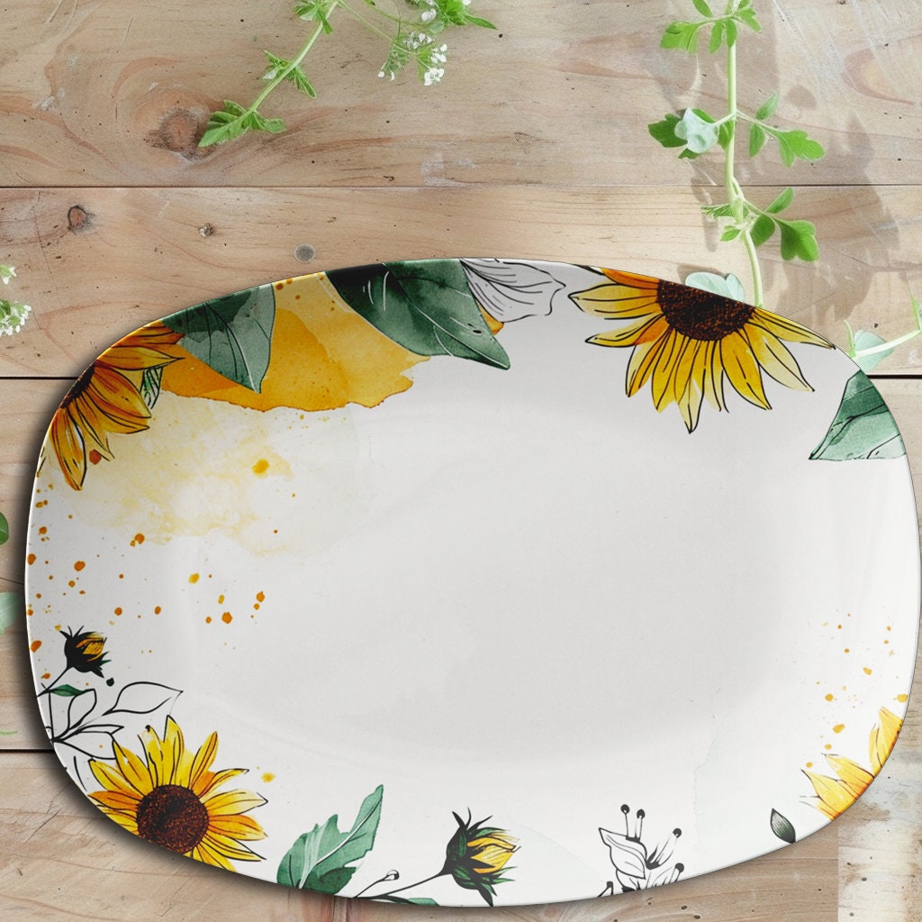 Sunflower Serving Platter 10x14 Inch Microwave Safe Made USA Spring Dinner Plate Tray Gift