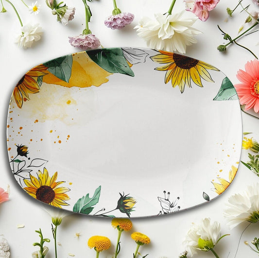 Sunflower Serving Platter 10x14 Inch Microwave Safe Made USA Spring Dinner Plate Tray Gift