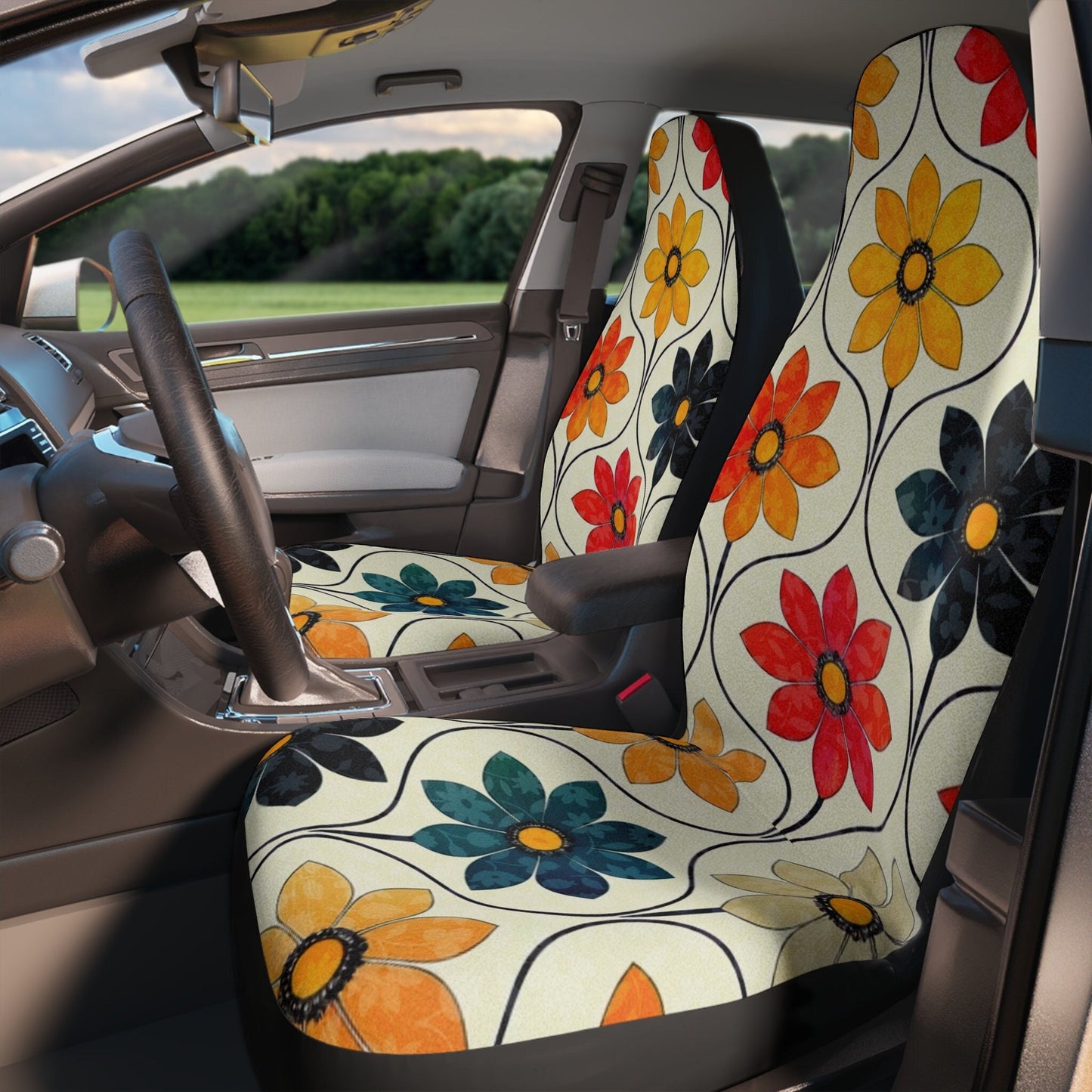 Retro Floral Car Seat Covers – Vintage Flower Auto Protectors (Set of 2)