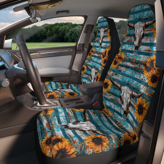 Western Skull Sunflower Car Seat Covers: Edgy Blue Auto Decor