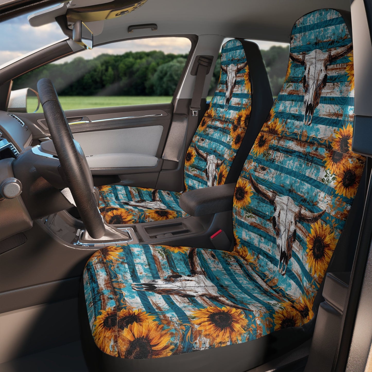 Blue Car Seat Covers, Western Skull Sunflower Print, Elastic Polyester 2-Piece Set