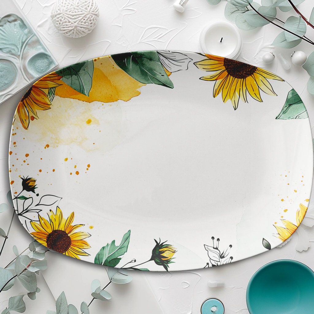 Sunflower Serving Platter 10x14 Inch Microwave Safe Made USA Spring Dinner Plate Tray Gift
